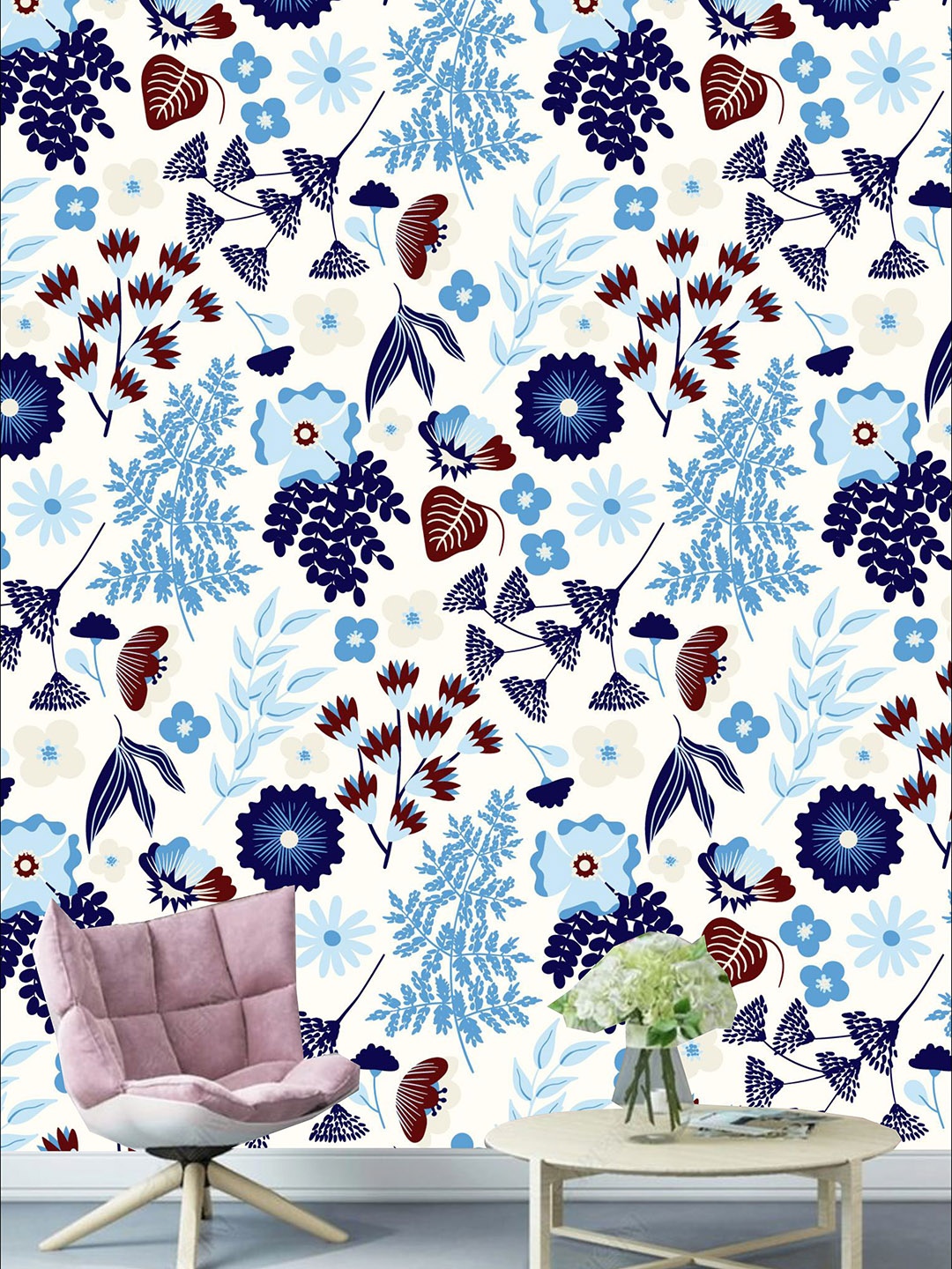 

KSHIRSA White & Blue Floral Printed Self Adhesive Laminated Wallpaper