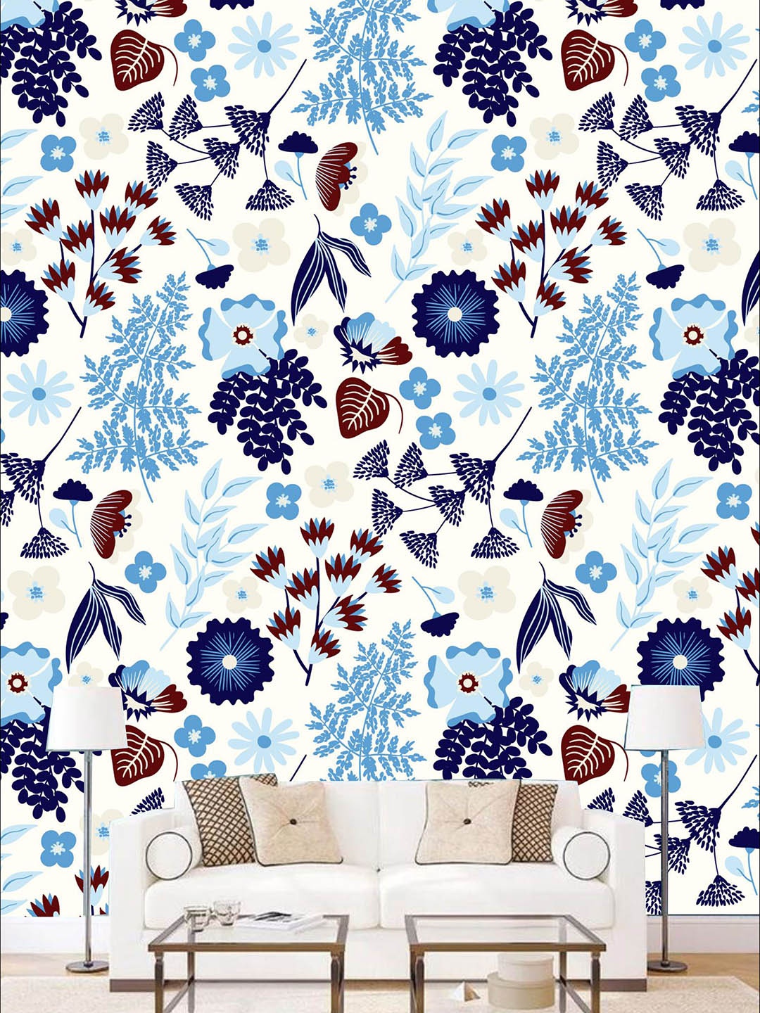 

KSHIRSA White & Blue Floral Printed Self Adhesive Laminated Wallpaper