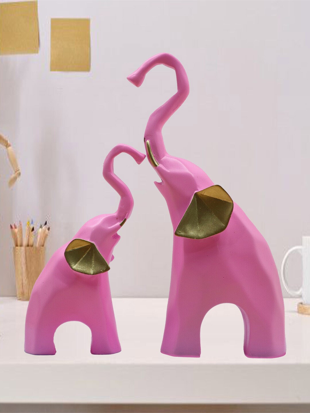 

JAIPUR ACE Pink & Gold Toned Geometric Elephant And Baby Medium Figurine Showpiece