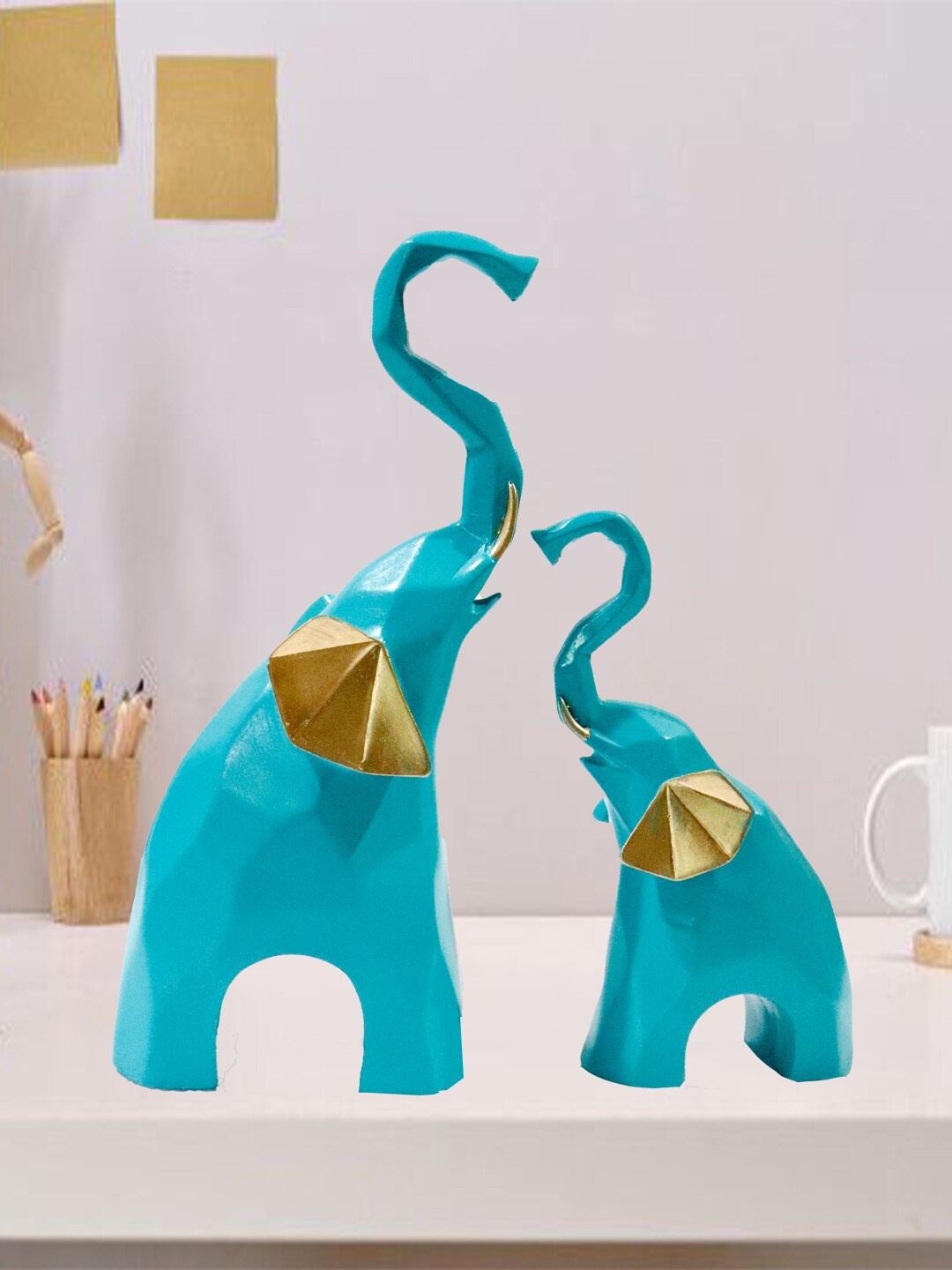 

JAIPUR ACE Blue & Gold Toned Geometric Elephant And Baby Medium Figurine Showpiece