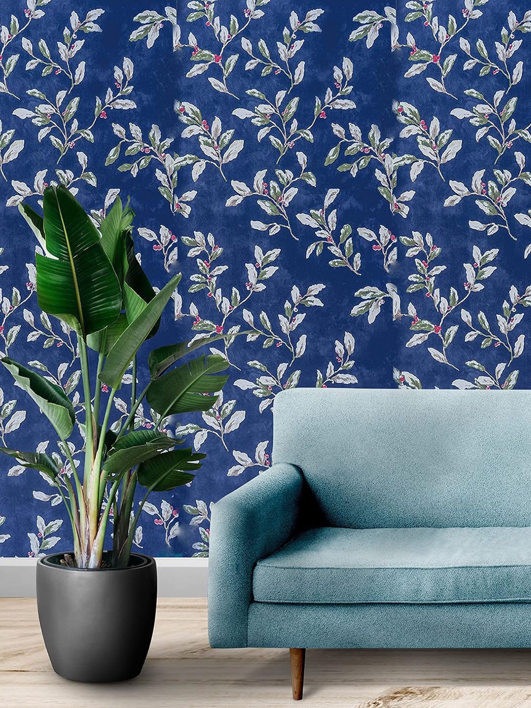 

Wollzo Navy Blue & Green Printed Laminated Wallpaper