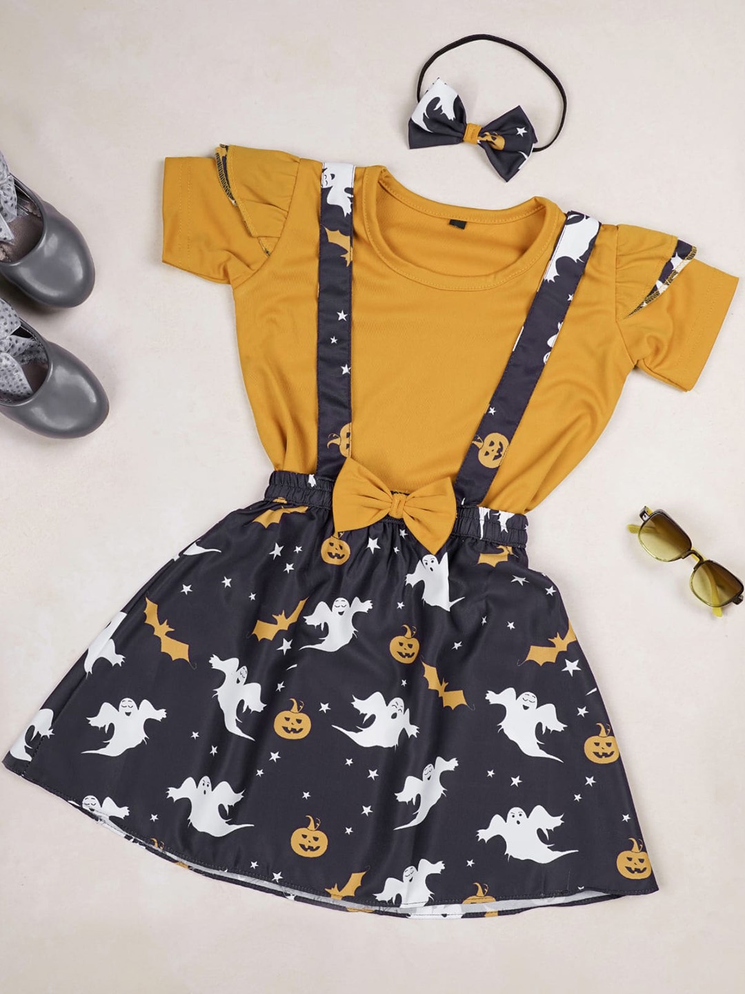 

BAESD Girls Conversational Printed Cotton Pinafore Dress With Top, Mustard