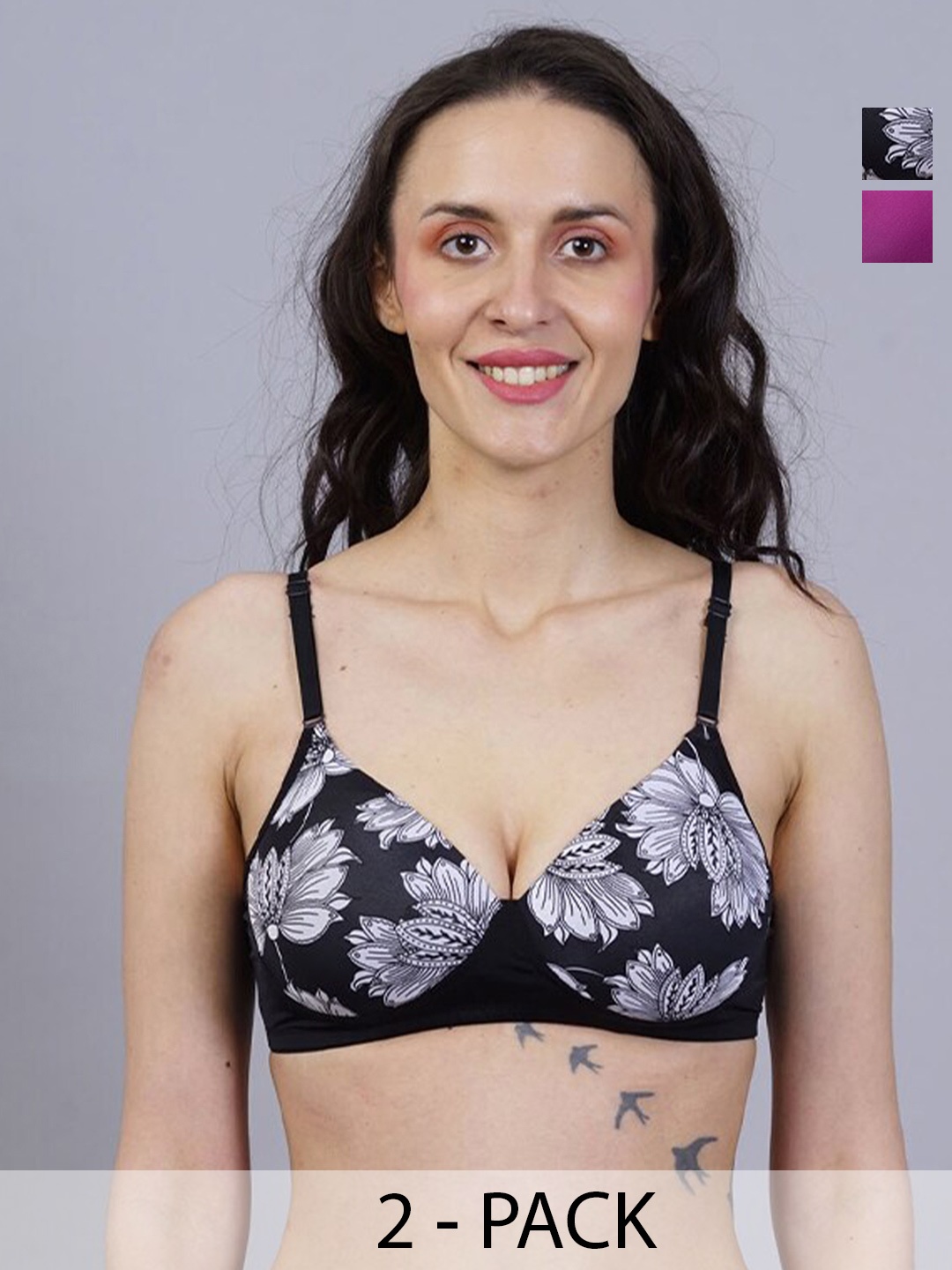 

NIGHTHOPE Pack Of 2 Floral Printed Full Coverage Underwired Lightly Padded Bra, Black