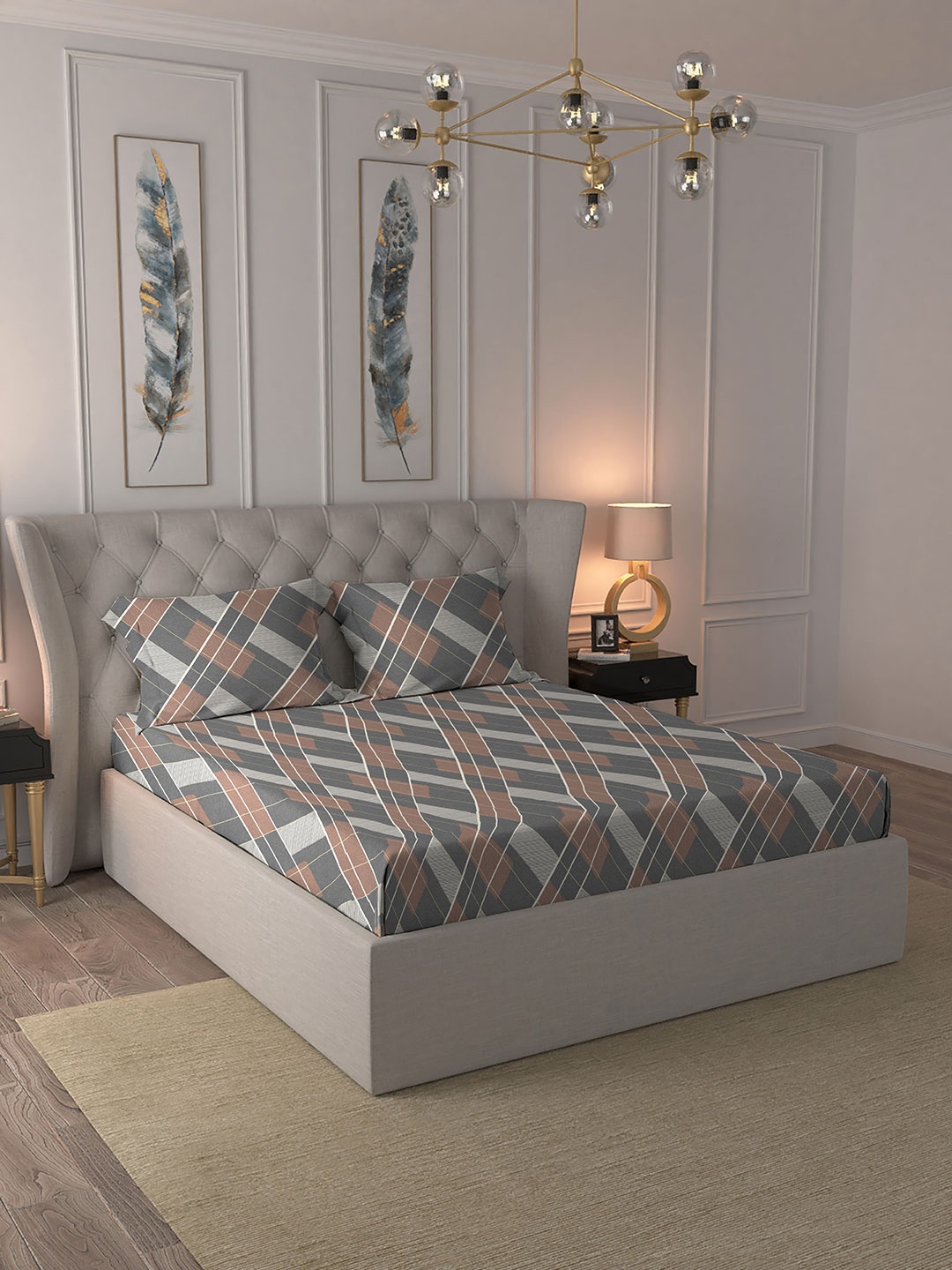 

MYTRIDENTGrey & Brown Geometric TC 321 Queen Bedsheet with 2 Pillow Covers, Grey