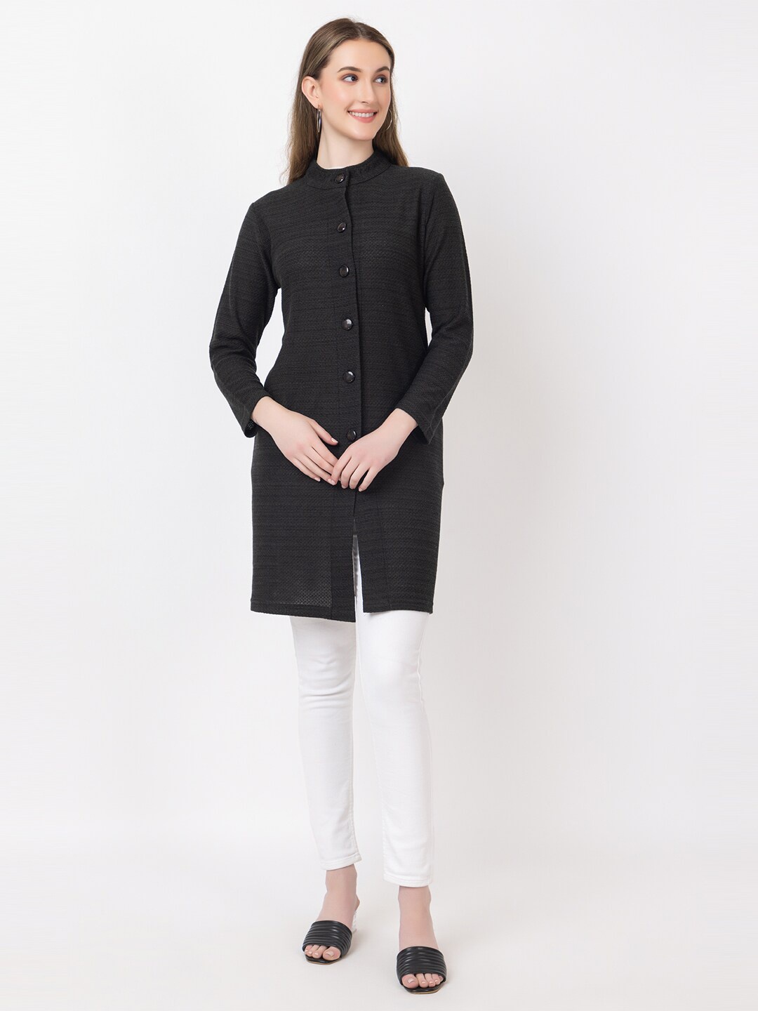 

KEIKO Woven Design Boat Neck Kurti, Black