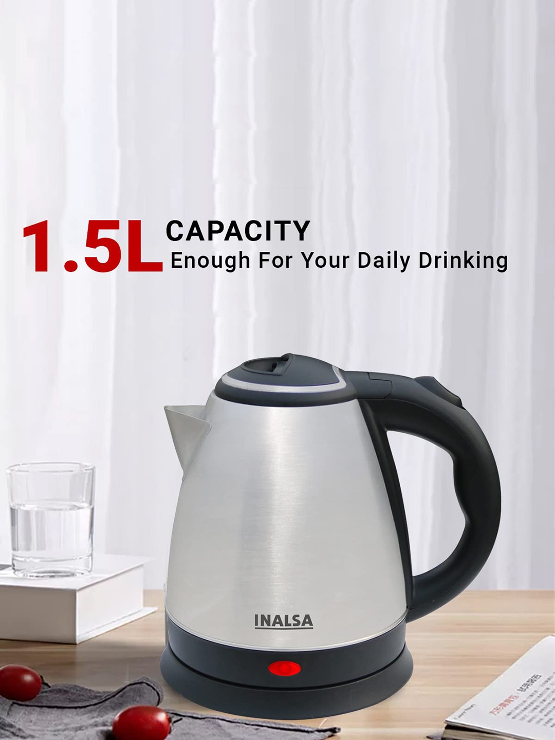 

Inalsa Kwik Stainless Steel Cordless Electric Kettle 1.5 L, Silver
