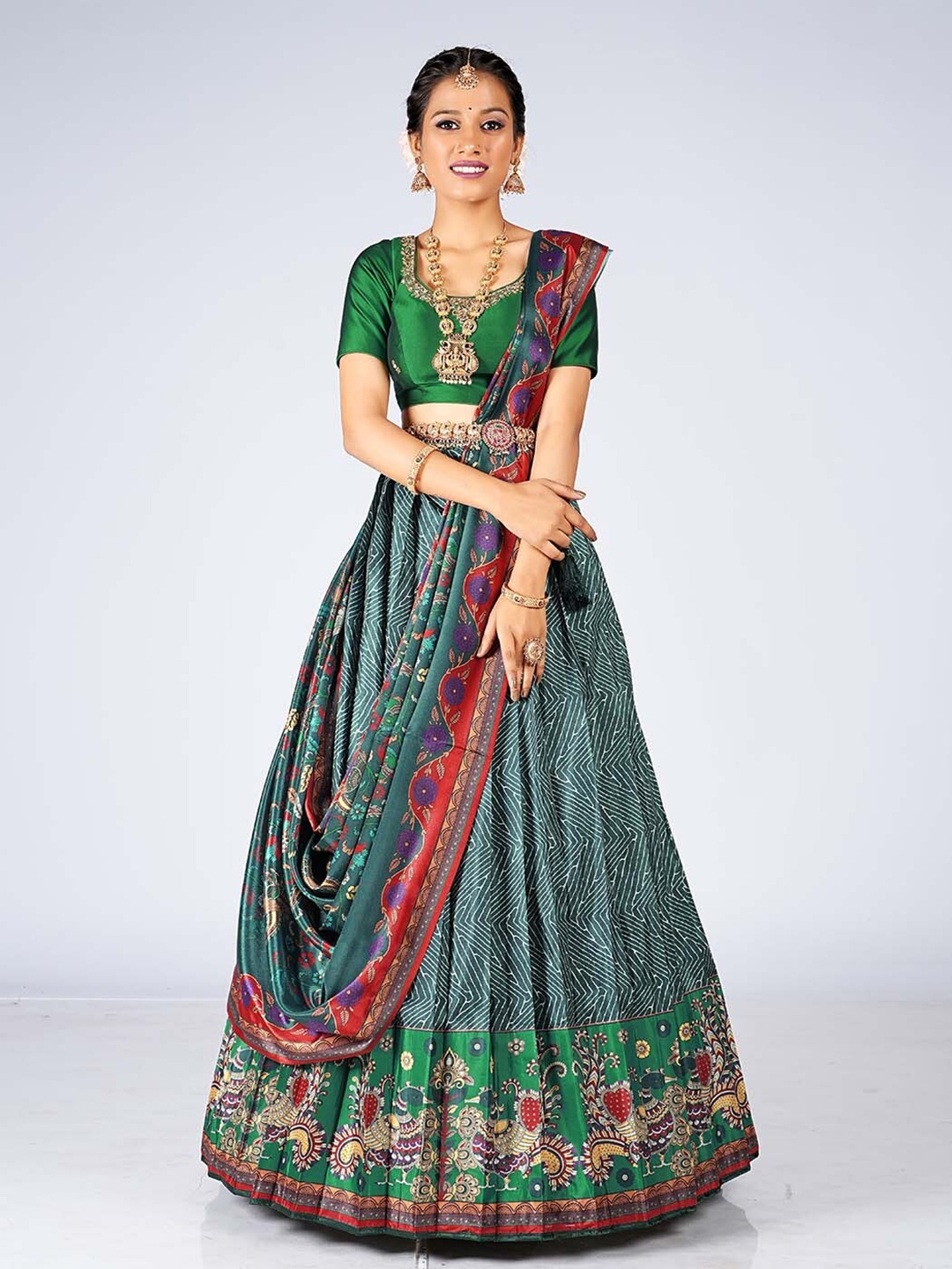 

HALFSAREE STUDIO Green & Printed Zardozi Semi-Stitched Lehenga & Unstitched Blouse With Dupatta