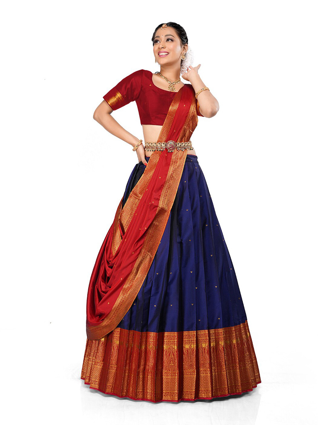 

HALFSAREE STUDIO Woven Design Zari Semi-Stitched Lehenga & Unstitched Blouse With Dupatta, Navy blue