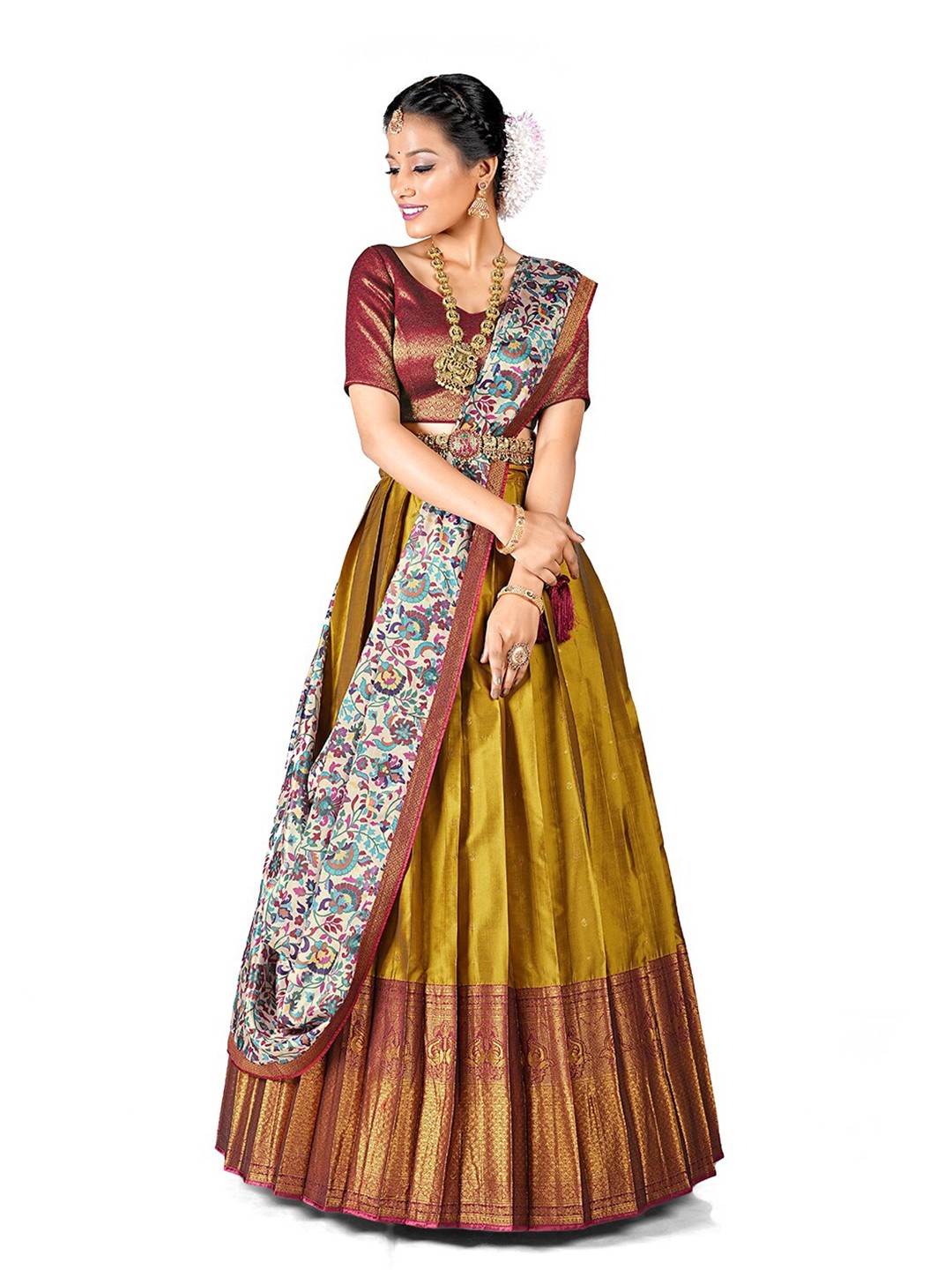 

HALFSAREE STUDIO Yellow & Semi-Stitched Lehenga & Unstitched Blouse With Dupatta