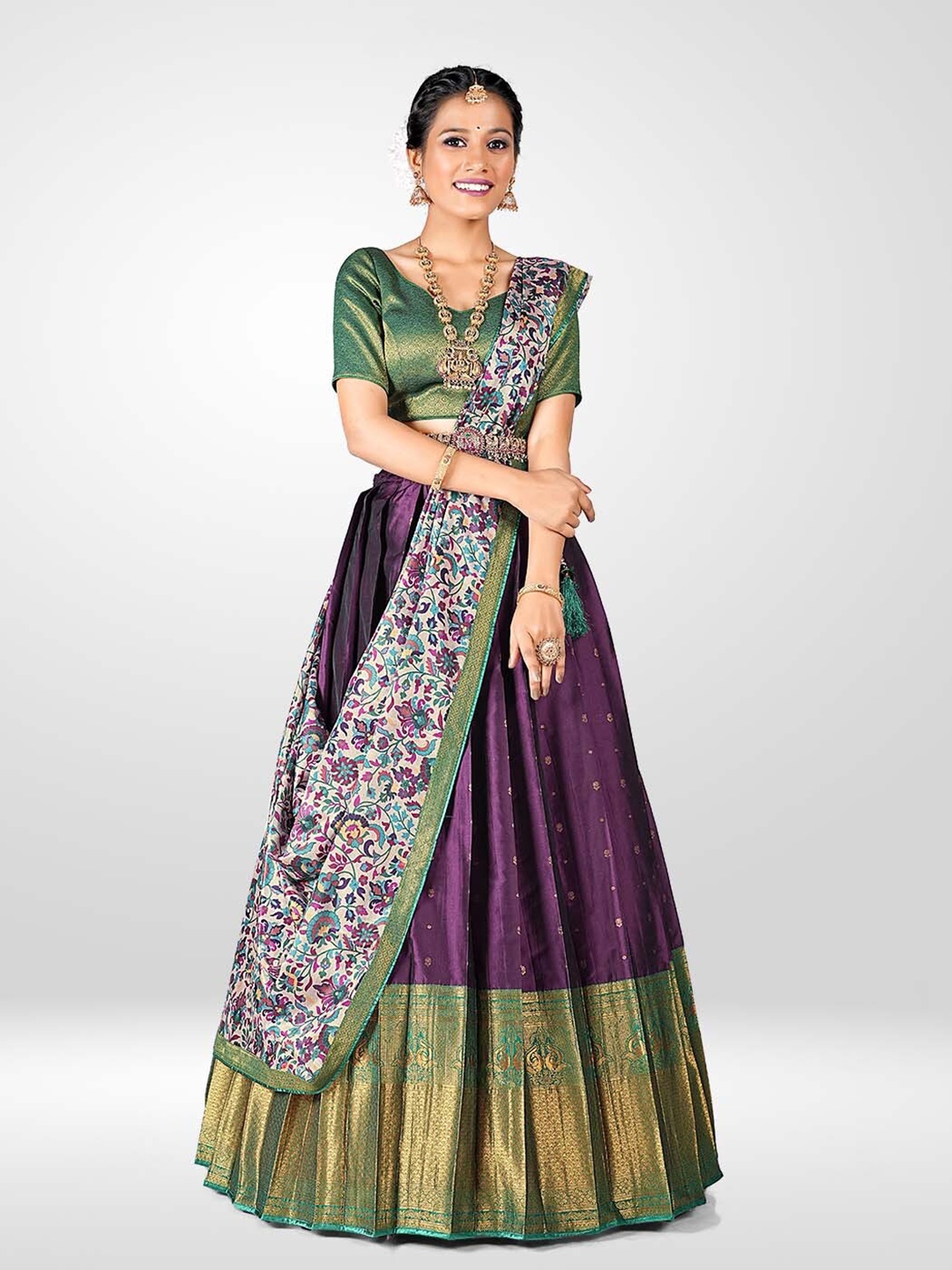 

HALFSAREE STUDIO Burgundy & Semi-Stitched Lehenga & Unstitched Blouse With Dupatta