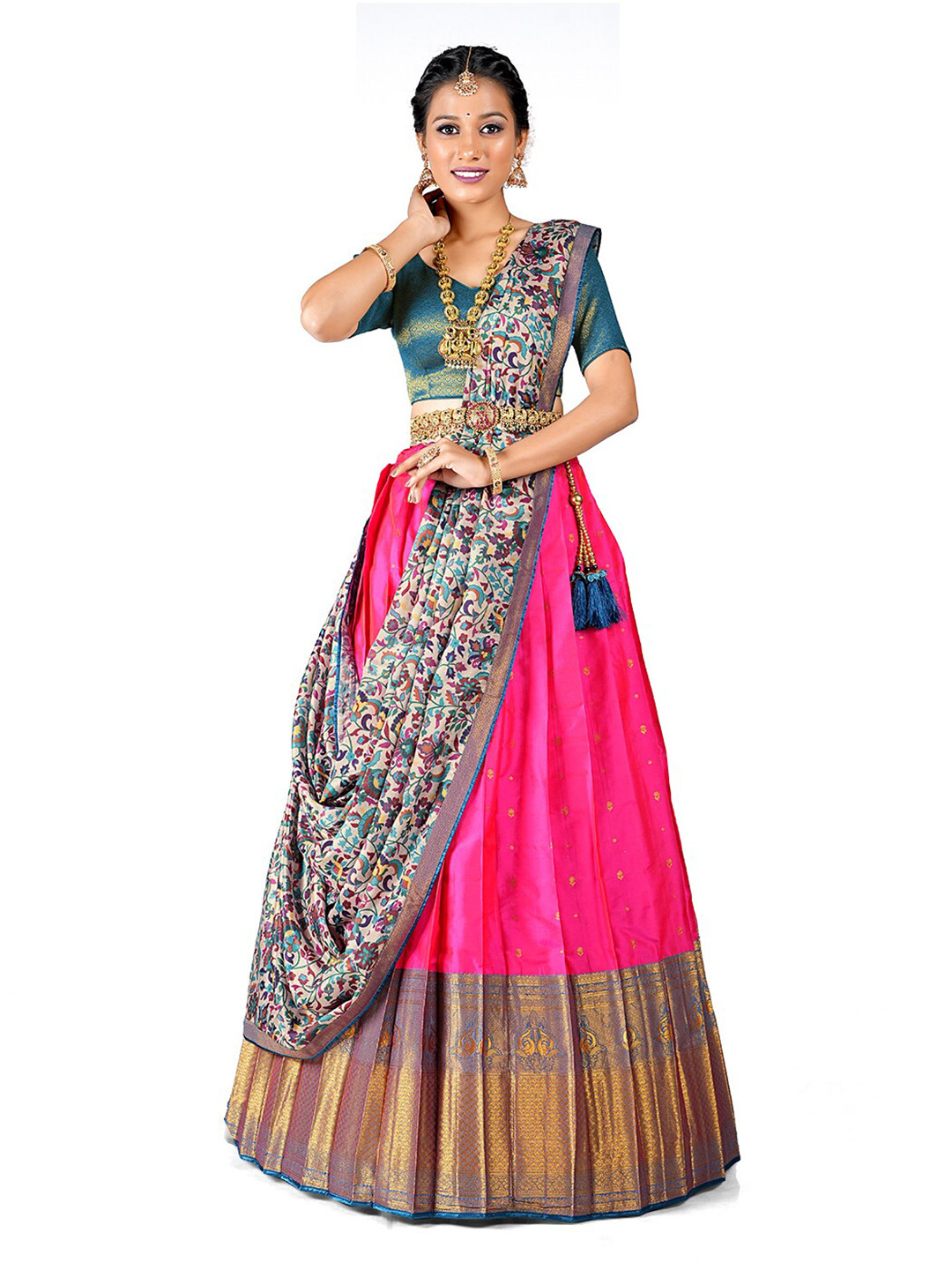 

HALFSAREE STUDIO Pink & Semi-Stitched Lehenga & Unstitched Blouse With Dupatta