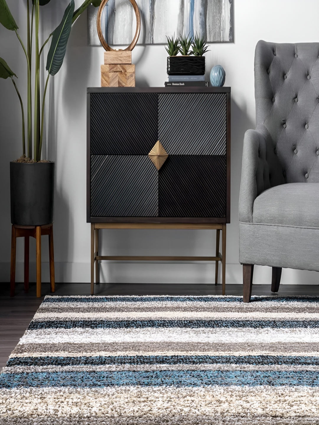 

Asad Emporium Rugs Blue & Beige Striped Shaggy Carpet