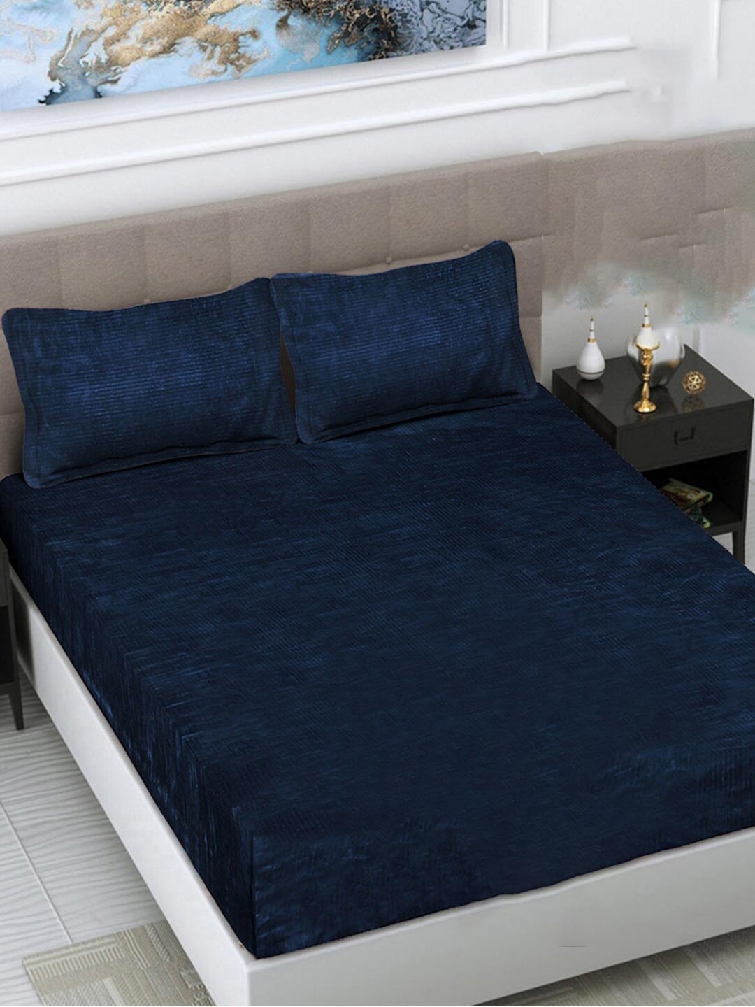 

FABINALIV Navy Blue Striped 300 TC Woollen King Size Fitted Bedsheet & 2 Pillow Covers