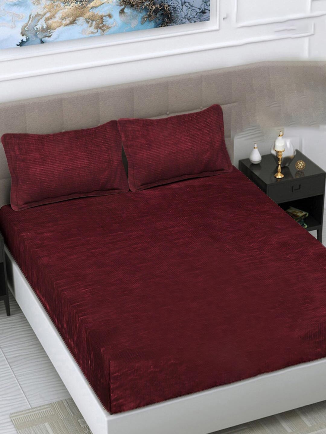 

FABINALIV Maroon Striped 300 TC Woollen King Size Fitted Bedsheet & 2 Pillow Covers