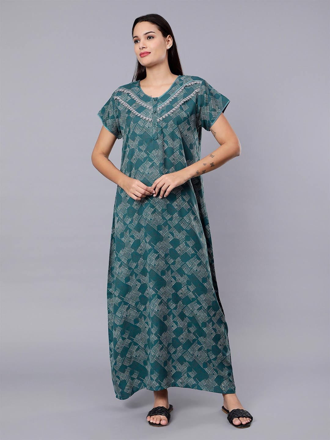 

NIGHTSPREE Abstract Printed Maxi Nightdress, Green