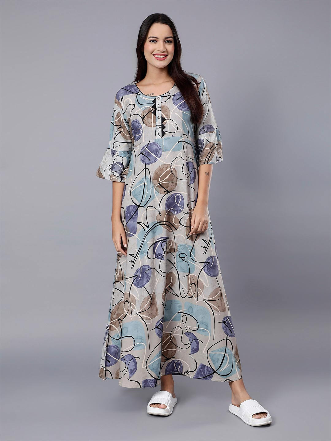 

NIGHTSPREE Abstract Printed Maxi Nightdress, Grey