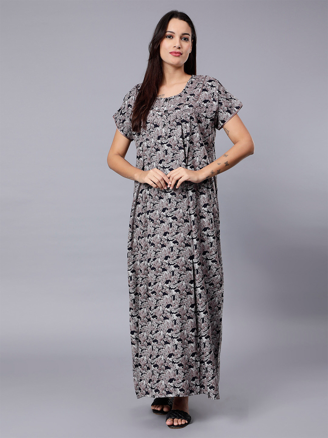 

NIGHTSPREE Floral Printed Cotton Maxi Nightdress, Brown