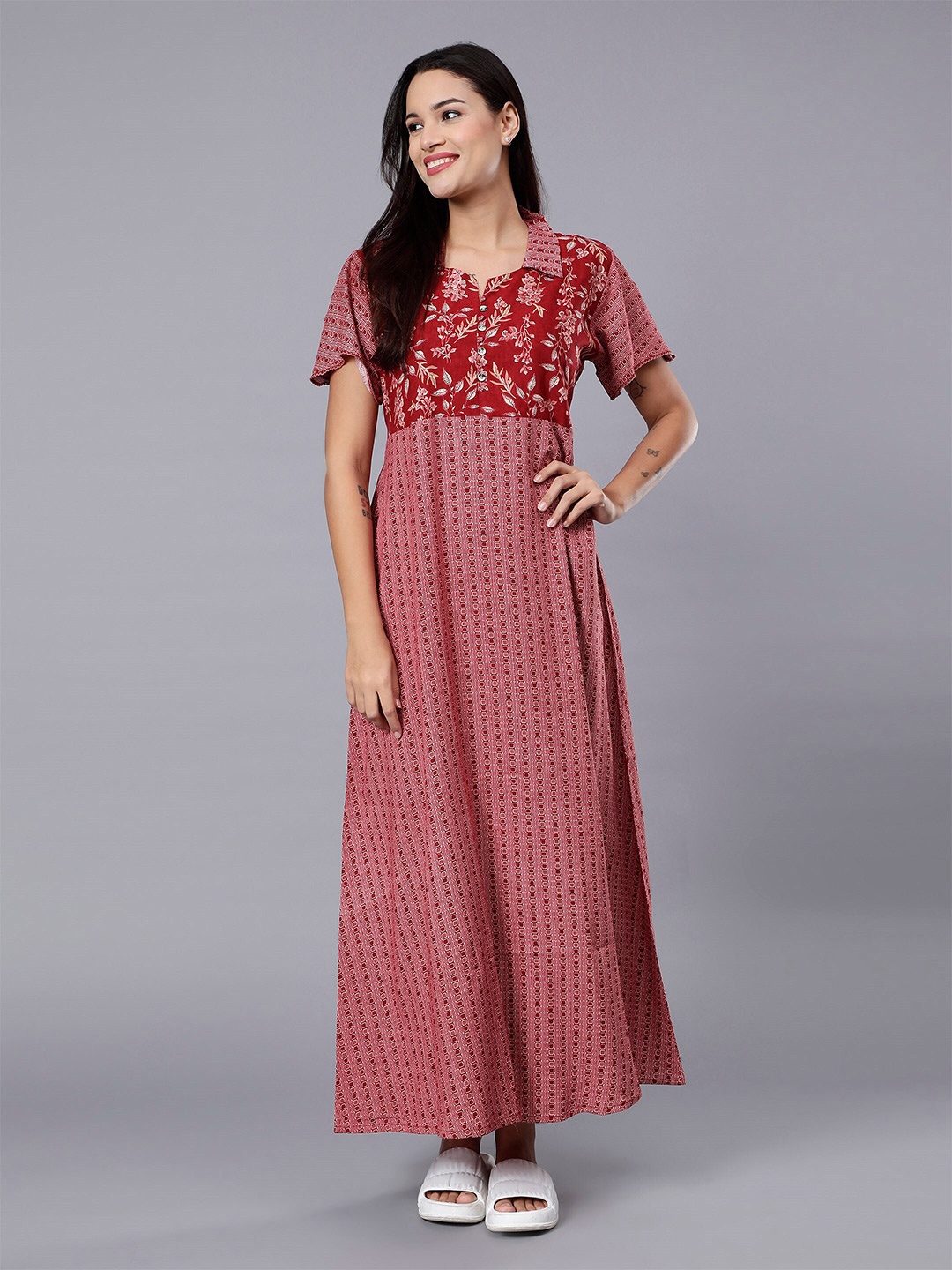 

NIGHTSPREE Ethnic Motifs Printed Maxi Nightdress, Red
