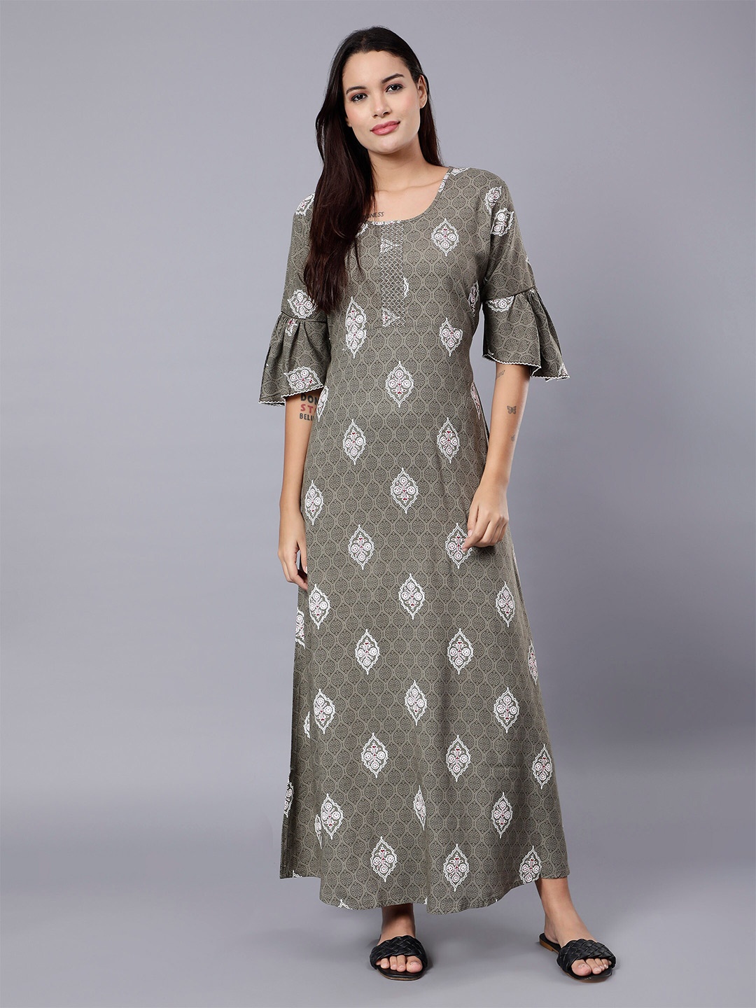 

NIGHTSPREE Ethnic Motifs Printed Maxi Nightdress, Green