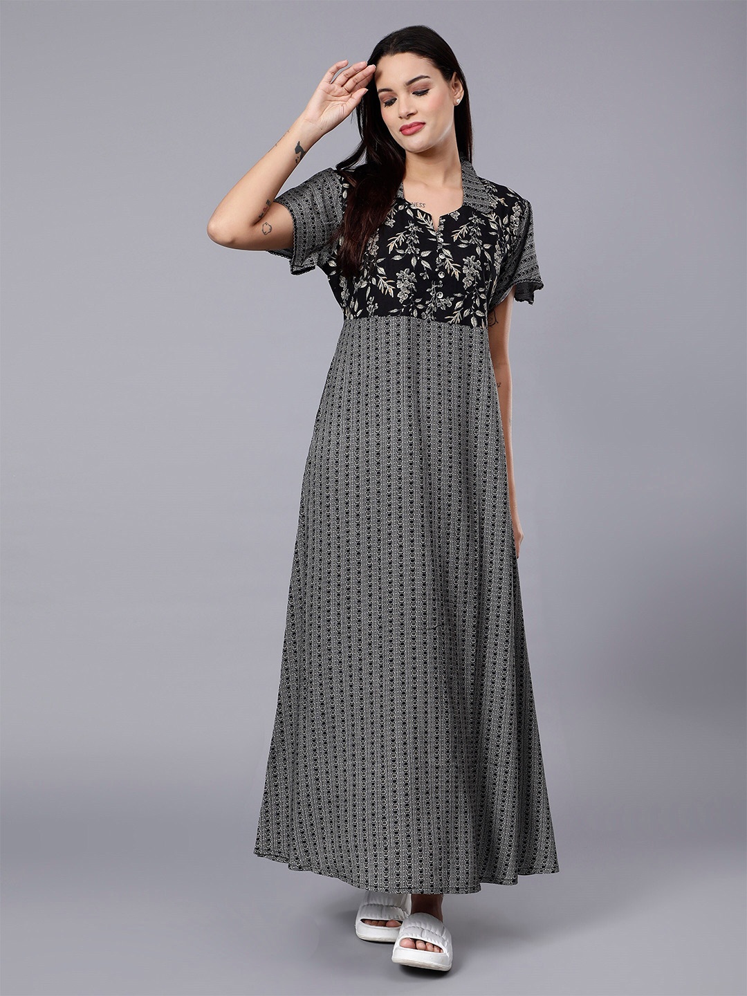 

NIGHTSPREE Geometirc Printed Maxi Nightdress, Black