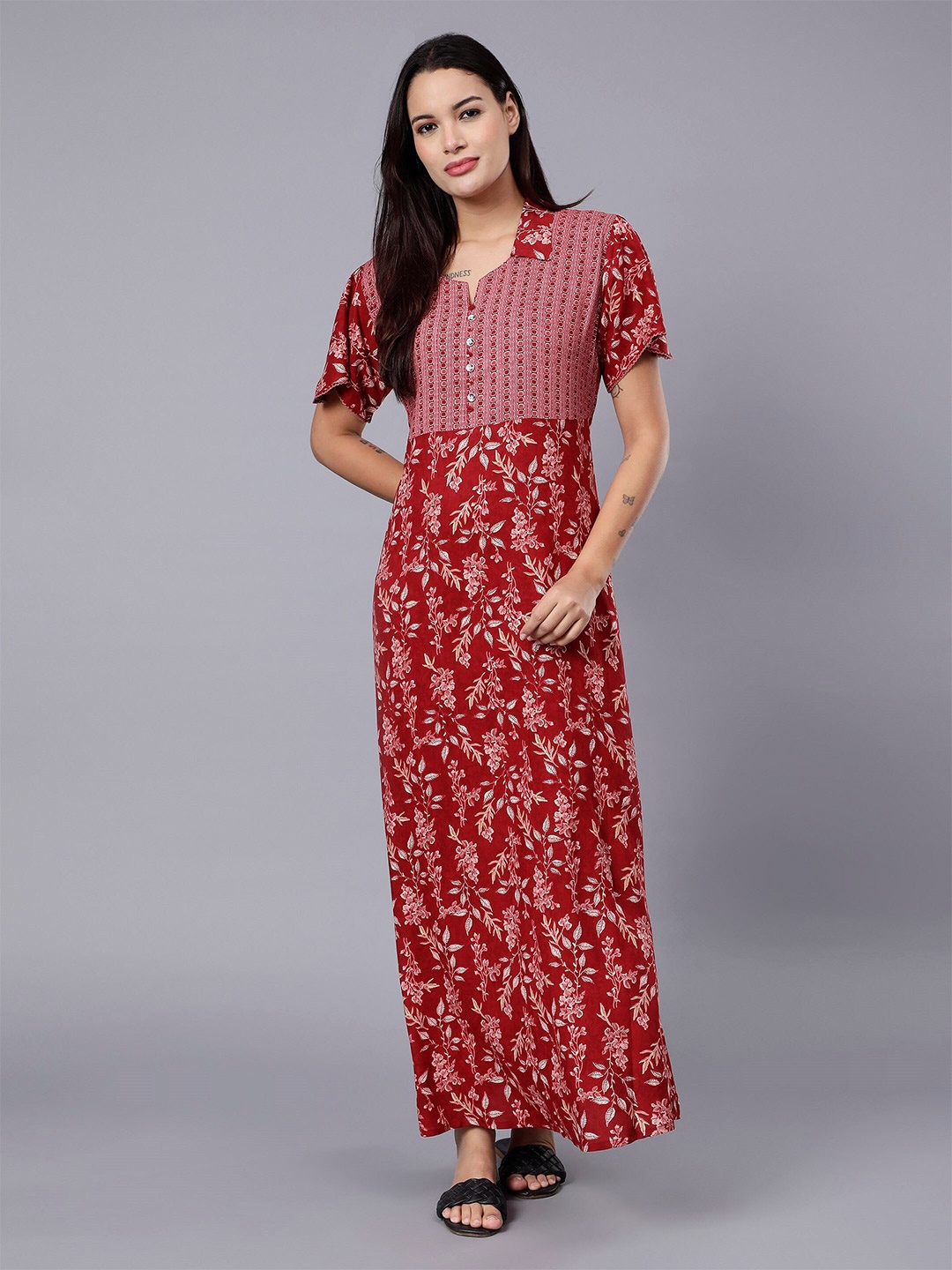 

NIGHTSPREE Floral Printed Maxi Nightdress, Red