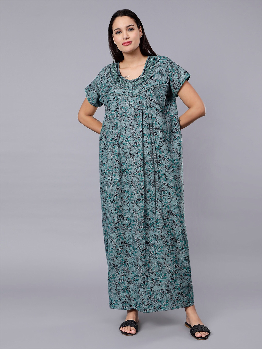 

NIGHTSPREE Floral Printed Cotton Maxi Nightdress, Grey