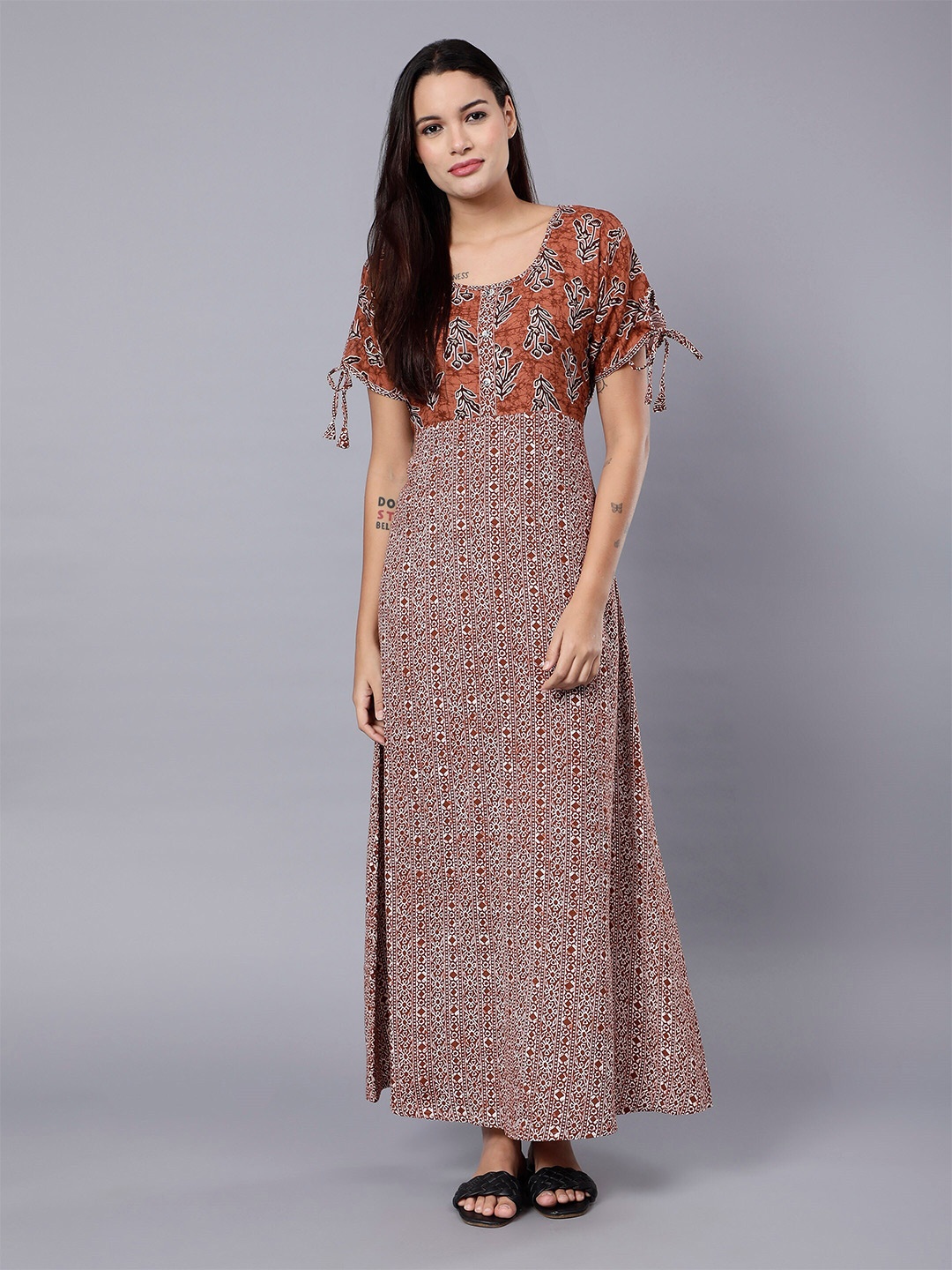 

NIGHTSPREE Ethnic Motif Printed Maxi Nightdress, Brown