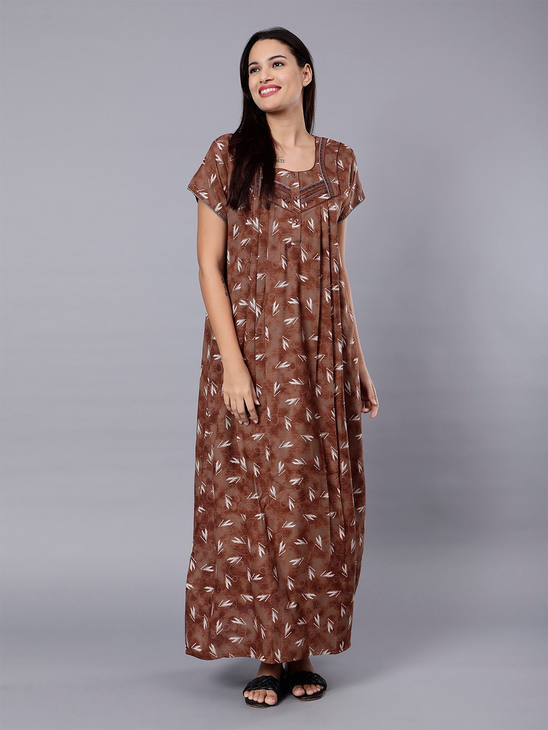

NIGHTSPREE Geometric Printed Cotton Maxi Nightdress, Brown