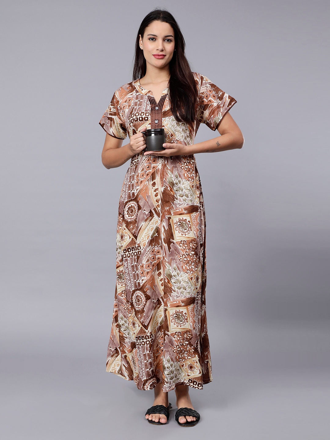 

NIGHTSPREE Abstract Printed Maxi Nightdress, Brown