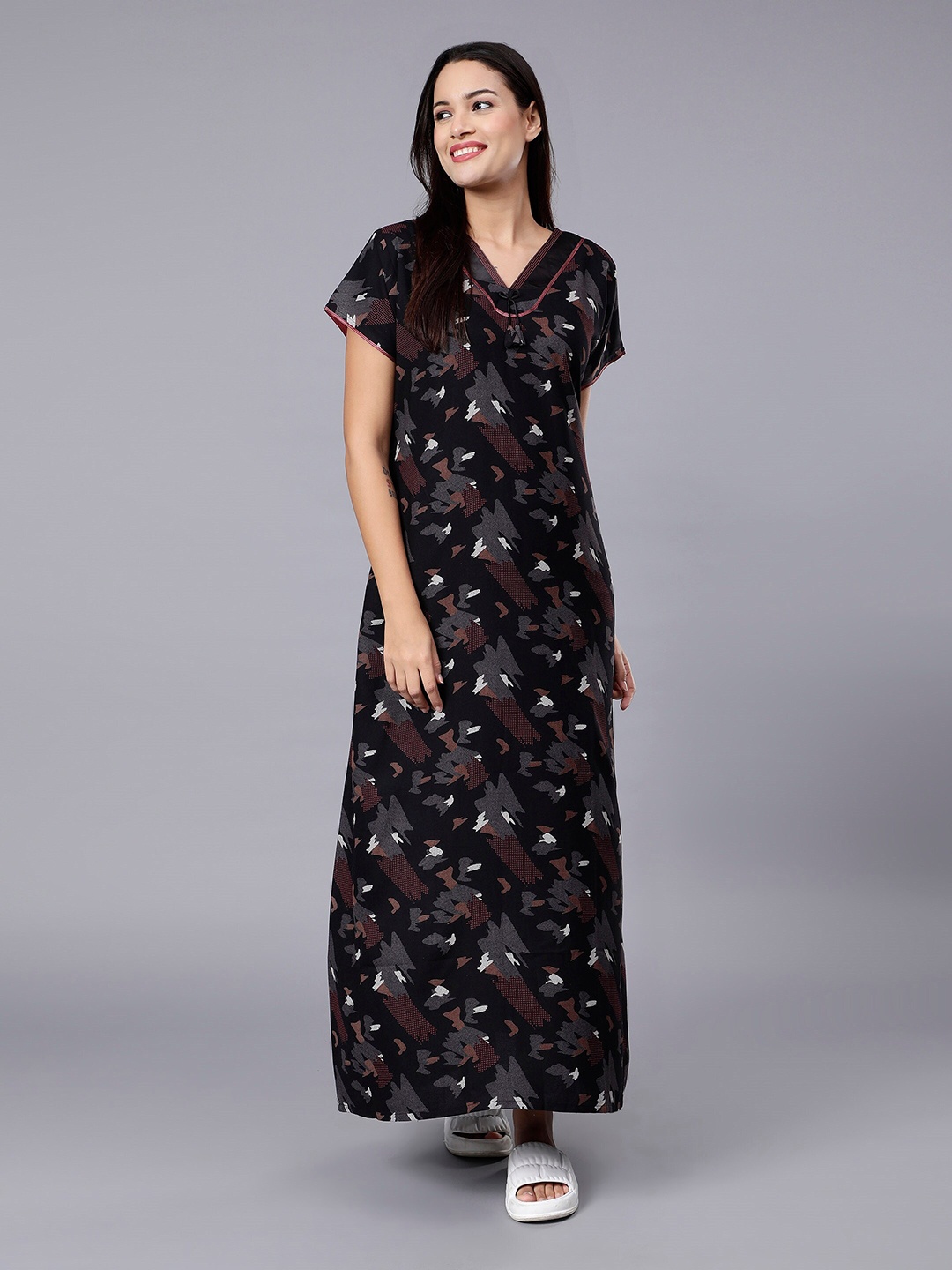 

NIGHTSPREE Abstract Printed V-Neck Maxi Nightdress, Black
