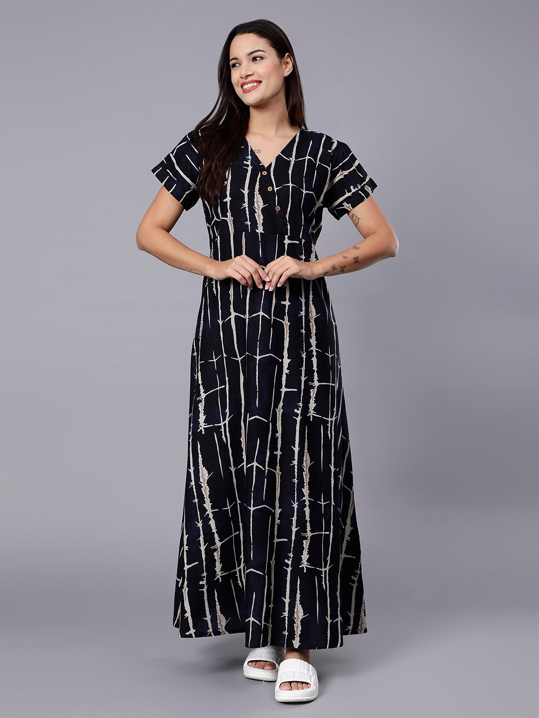 

NIGHTSPREE Abstract Printed Maxi Nightdress, Navy blue