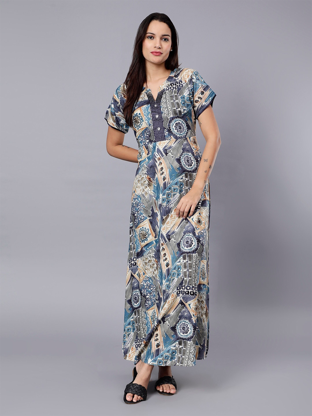 

NIGHTSPREE Abstract Printed Maxi Nightdress, Blue