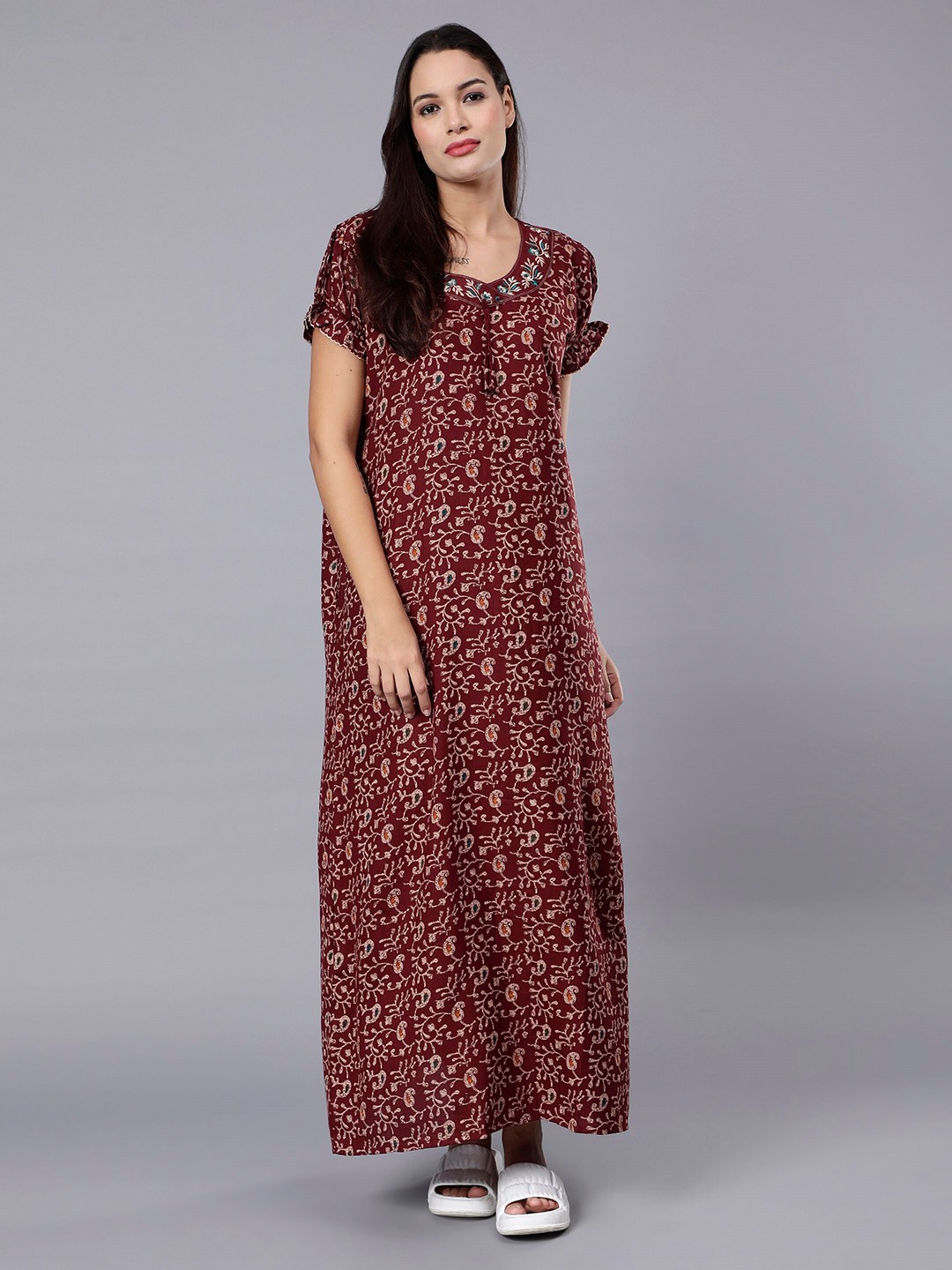 

NIGHTSPREE Floral Printed Cotton Maxi Nightdress, Maroon