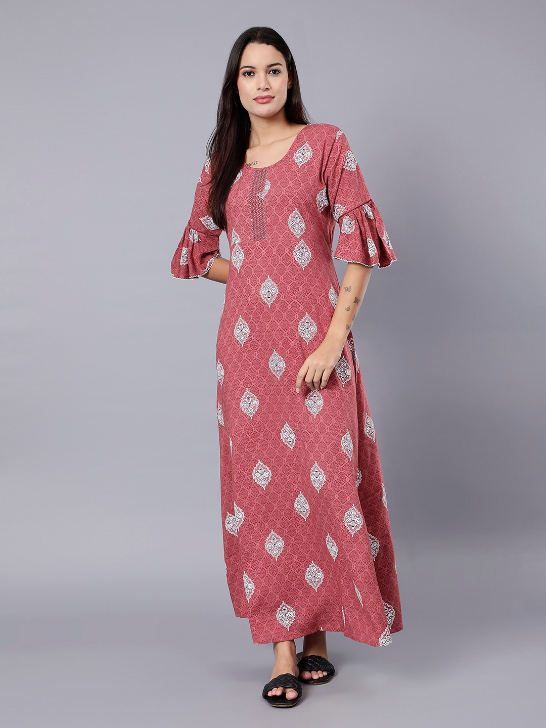 

NIGHTSPREE Ethnic Motifs Printed Maxi Nightdress, Pink