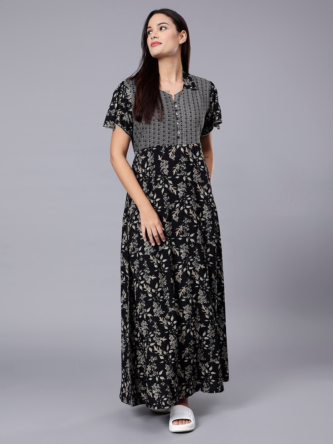 

NIGHTSPREE Floral Printed Maxi Nightdress, Black