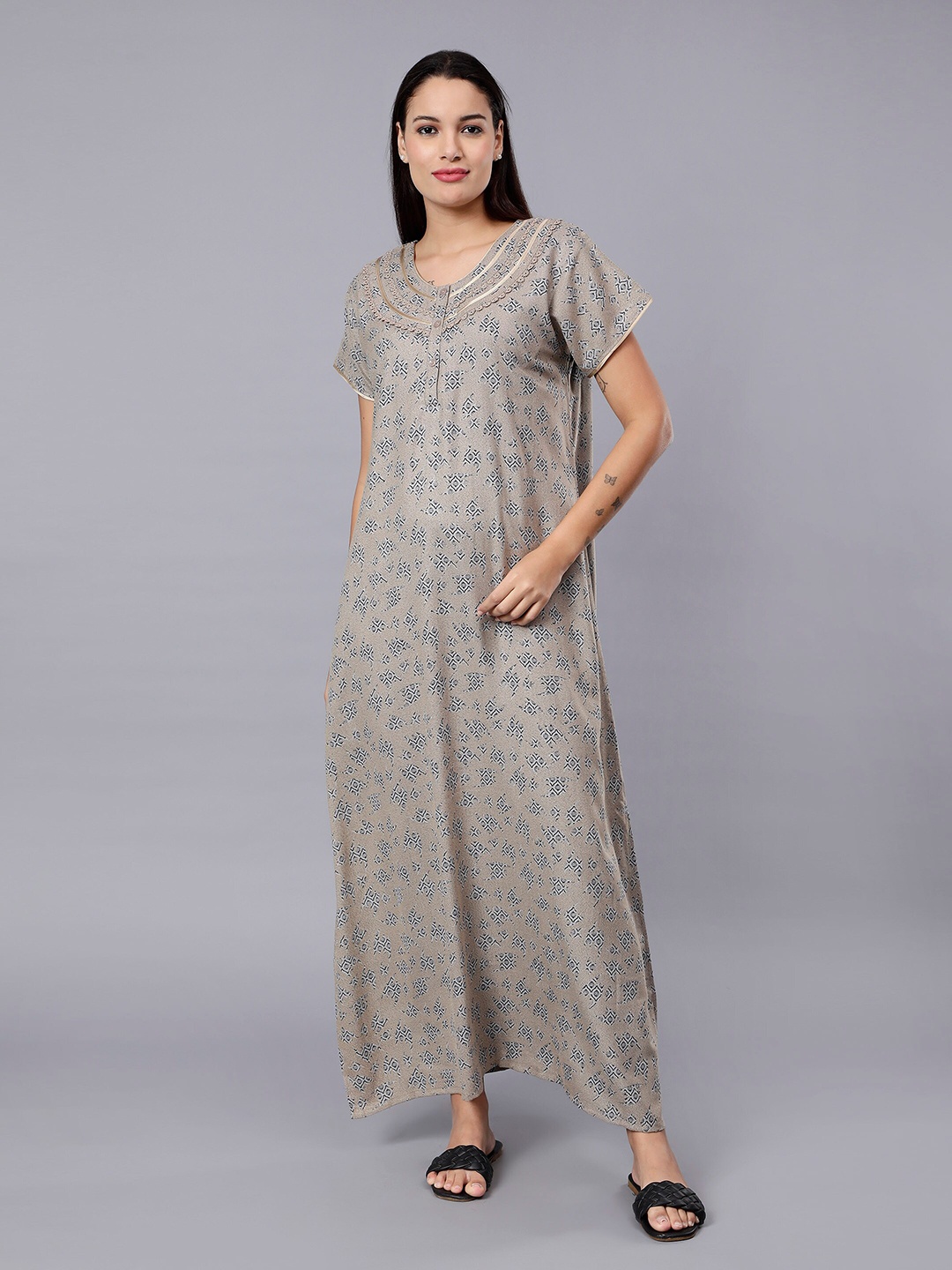 

NIGHTSPREE Yellow Printed Maxi Nightdress
