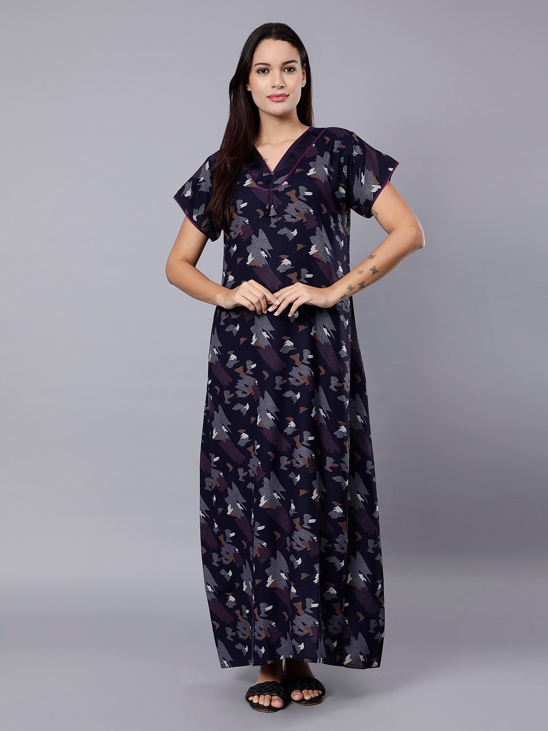 

NIGHTSPREE Abstract Printed V-Neck Maxi Nightdress, Blue