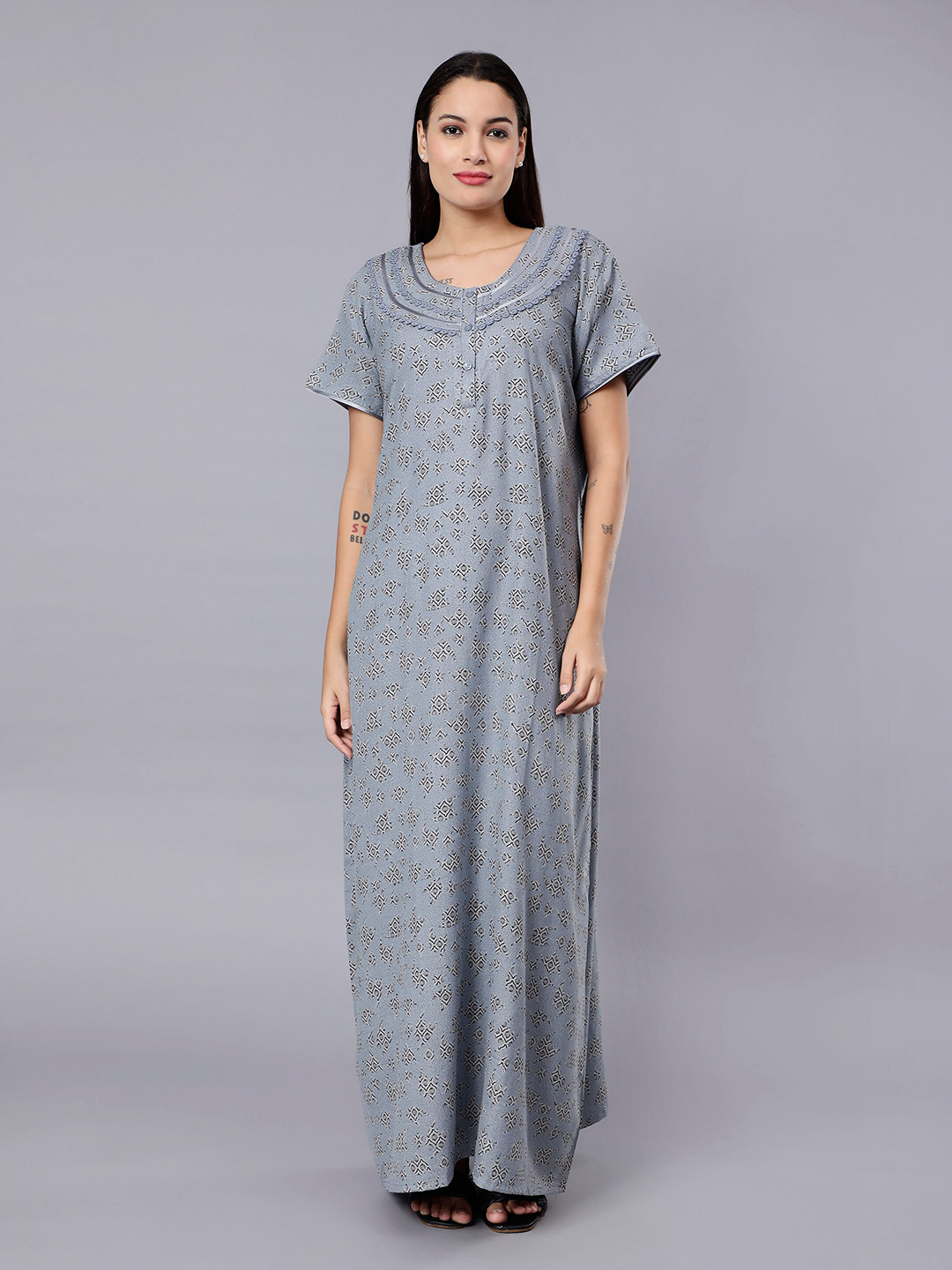 

NIGHTSPREE Geometric Printed V-Neck Maxi Nightdress, Blue