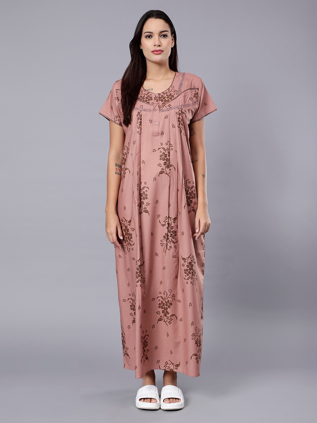 

NIGHTSPREE Floral Printed Cotton Maxi Nightdress, Peach