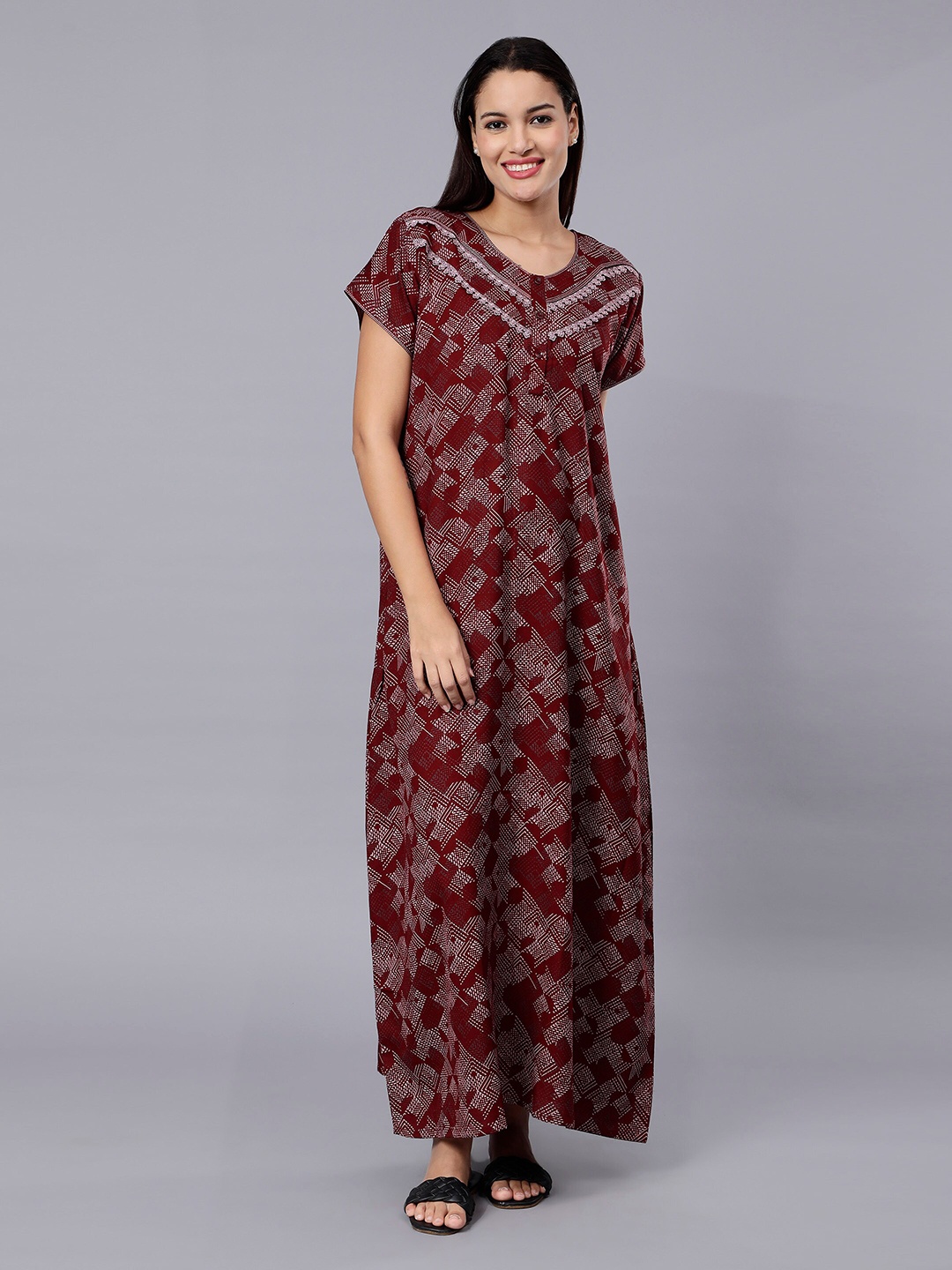 

NIGHTSPREE Geometirc Printed Maxi Nightdress, Maroon