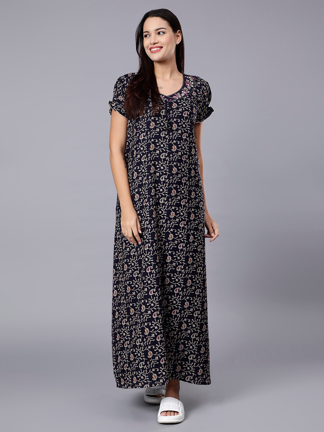 

NIGHTSPREE Floral Printed Cotton Maxi Nightdress, Navy blue