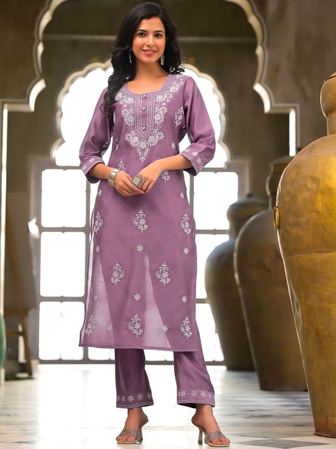 

Advya Ethnic Motifs Embroidered Chikankari Round Neck A-Line Kurta with Trousers, Mauve
