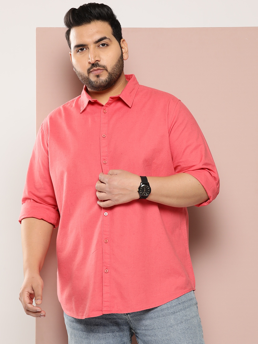 

Sztori Plus Size Cotton Linen Casual Shirt, Coral