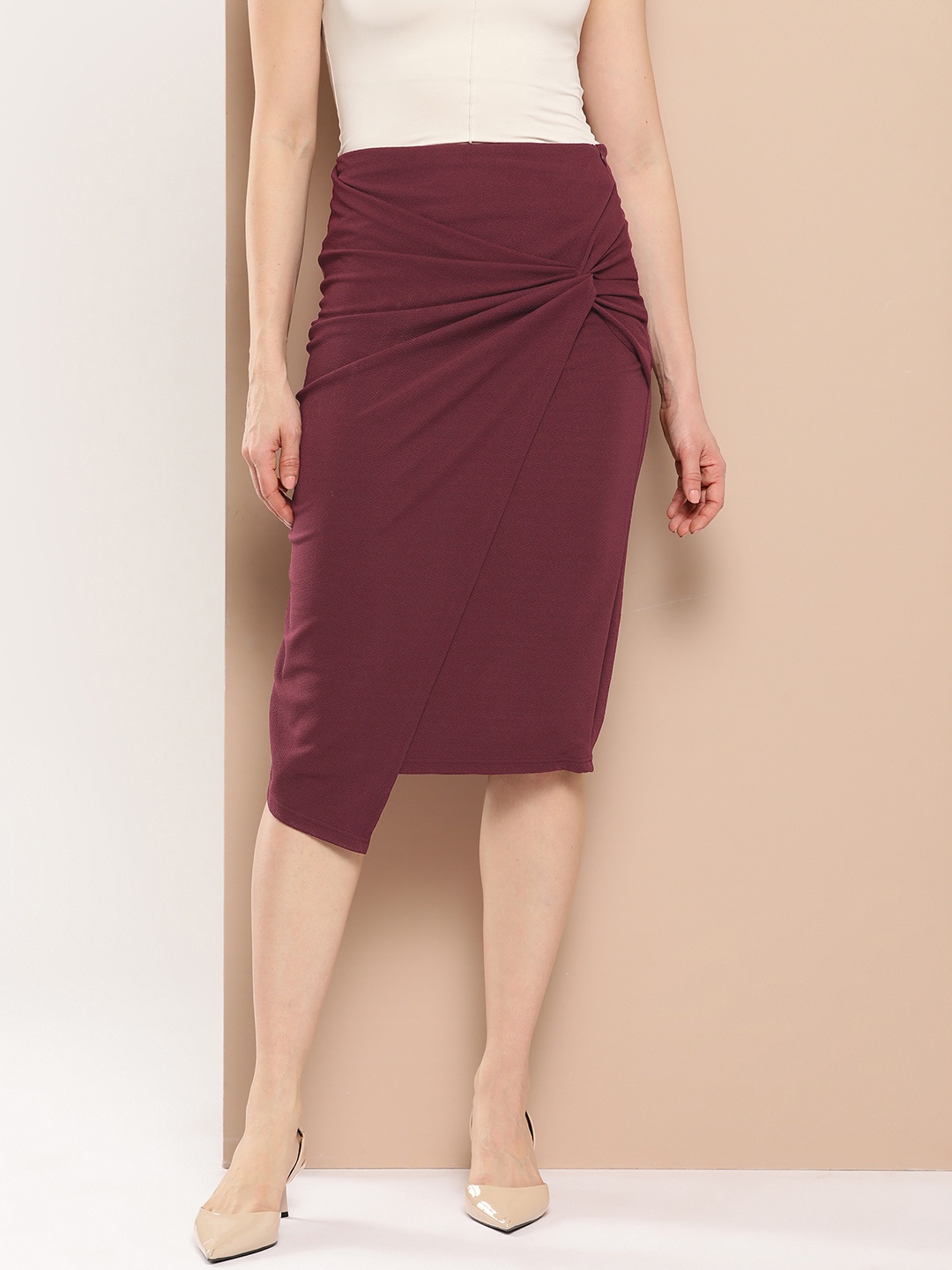 

Chemistry Knot Detail High Low Hem Straight Skirt, Mauve