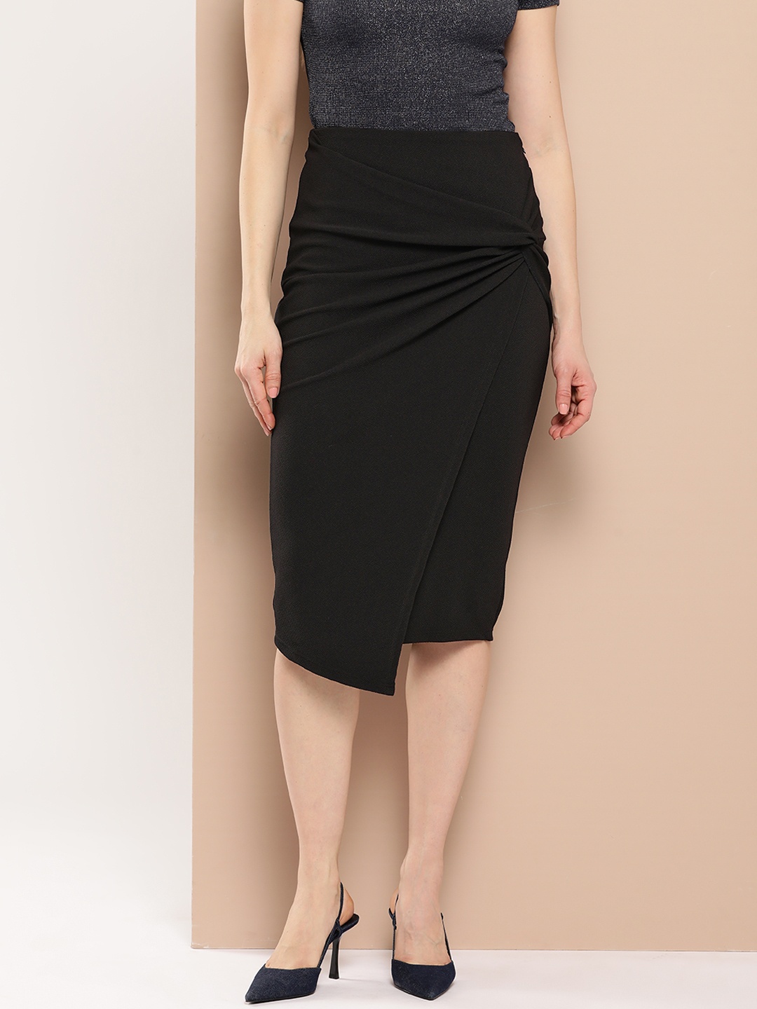 

Chemistry Knot Detail High Low Hem Straight Skirt, Black