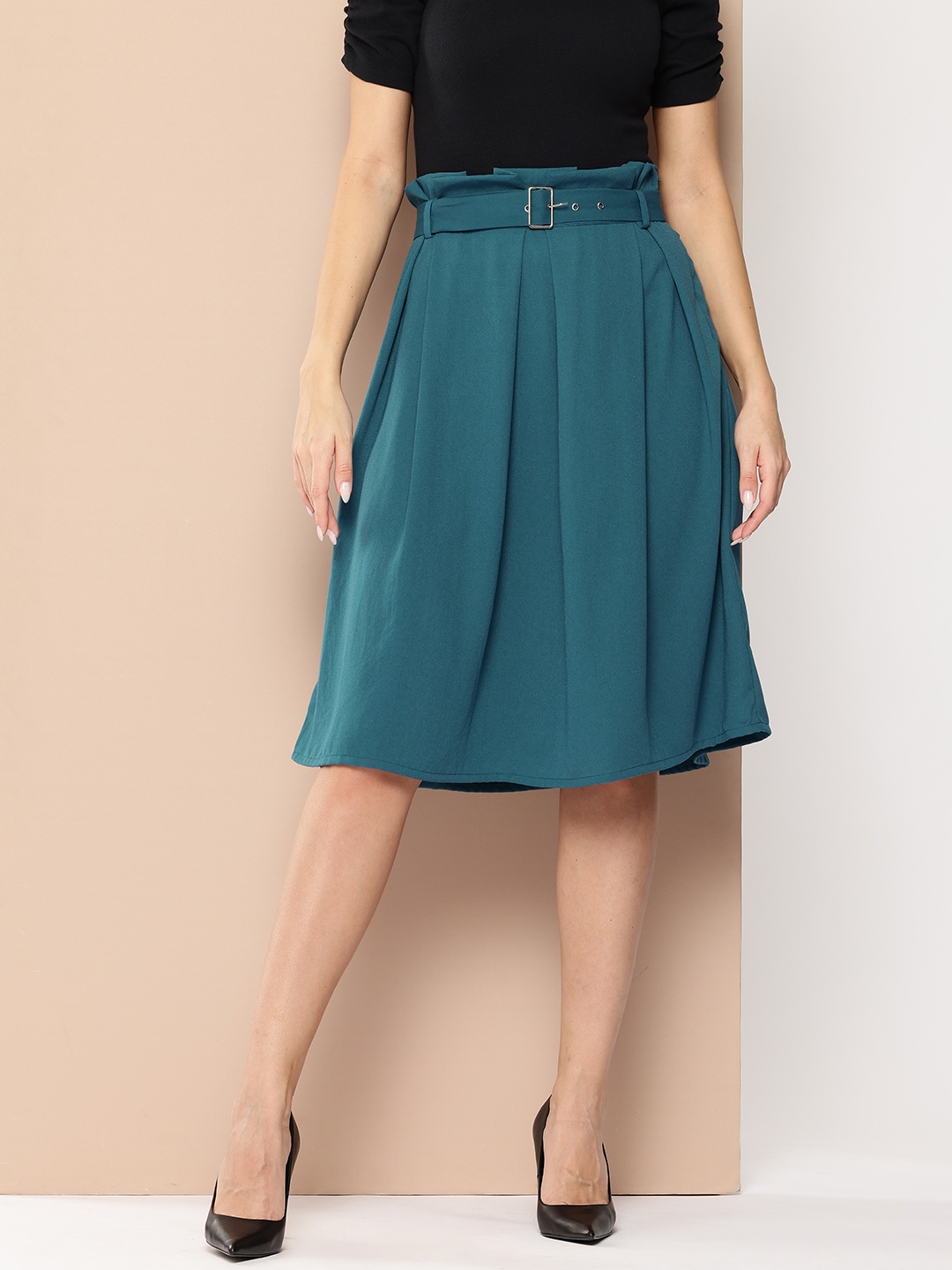 

Chemistry Pleated A-Line Skirt with Belt, Teal