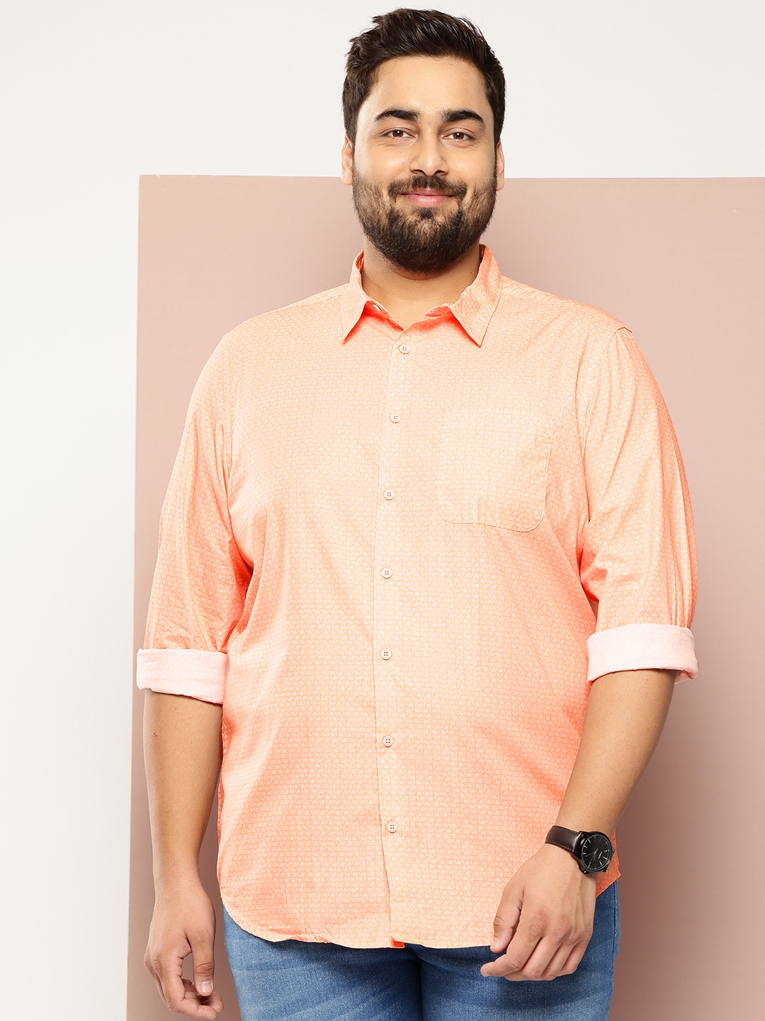 

Sztori Plus Size Geometric Printed Casual Shirt, Peach