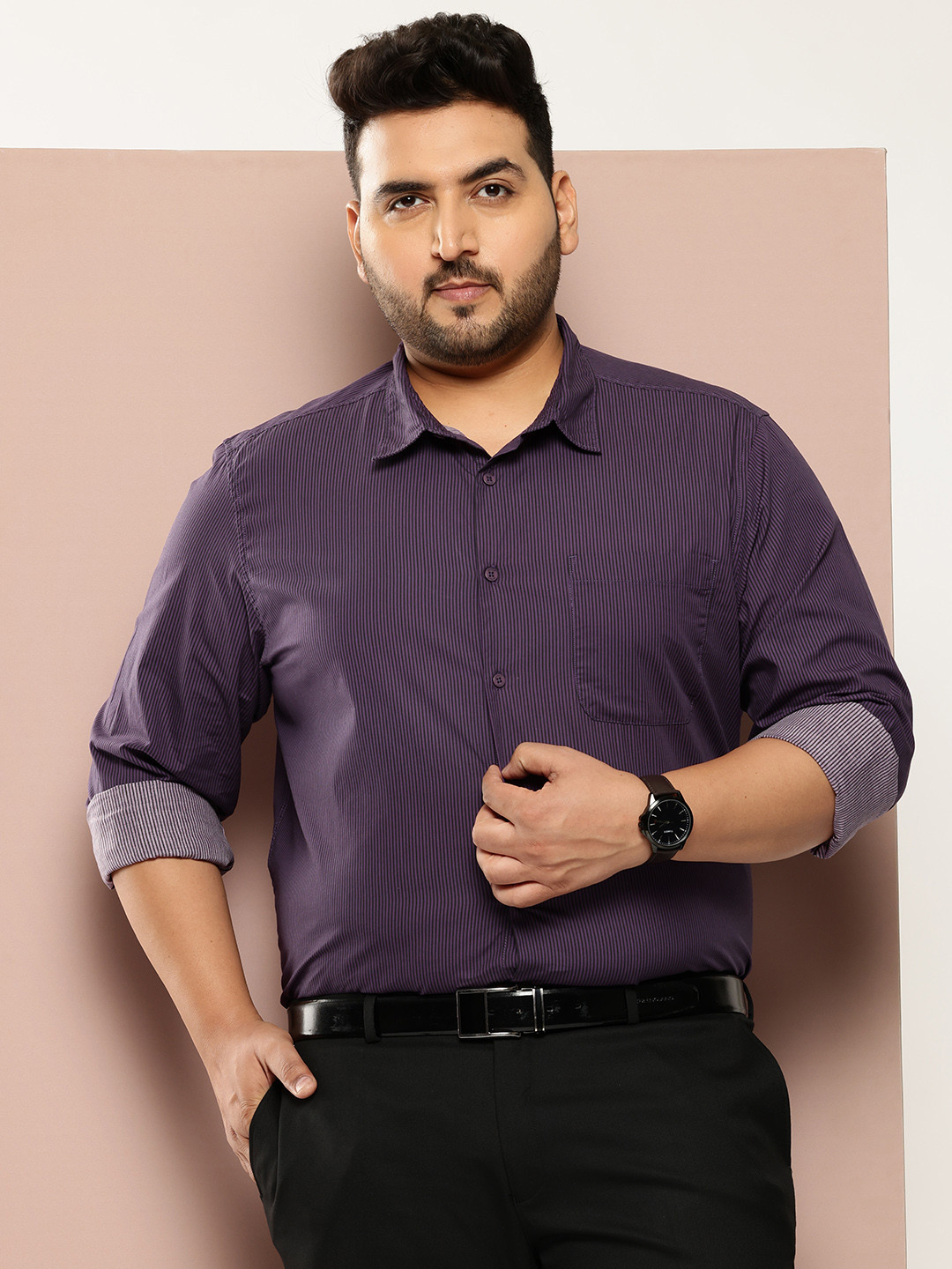 

Sztori Plus Size Striped Pure Cotton Shirt, Purple
