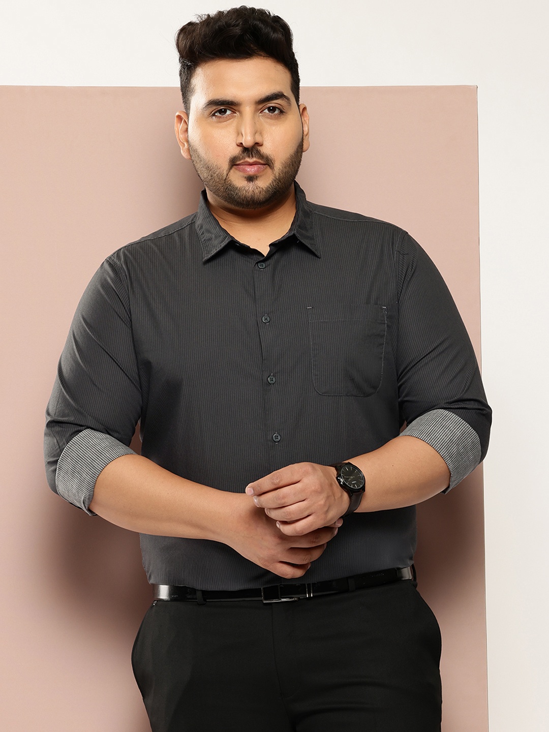 

Sztori Plus Size Seersucker Casual Shirt, Black