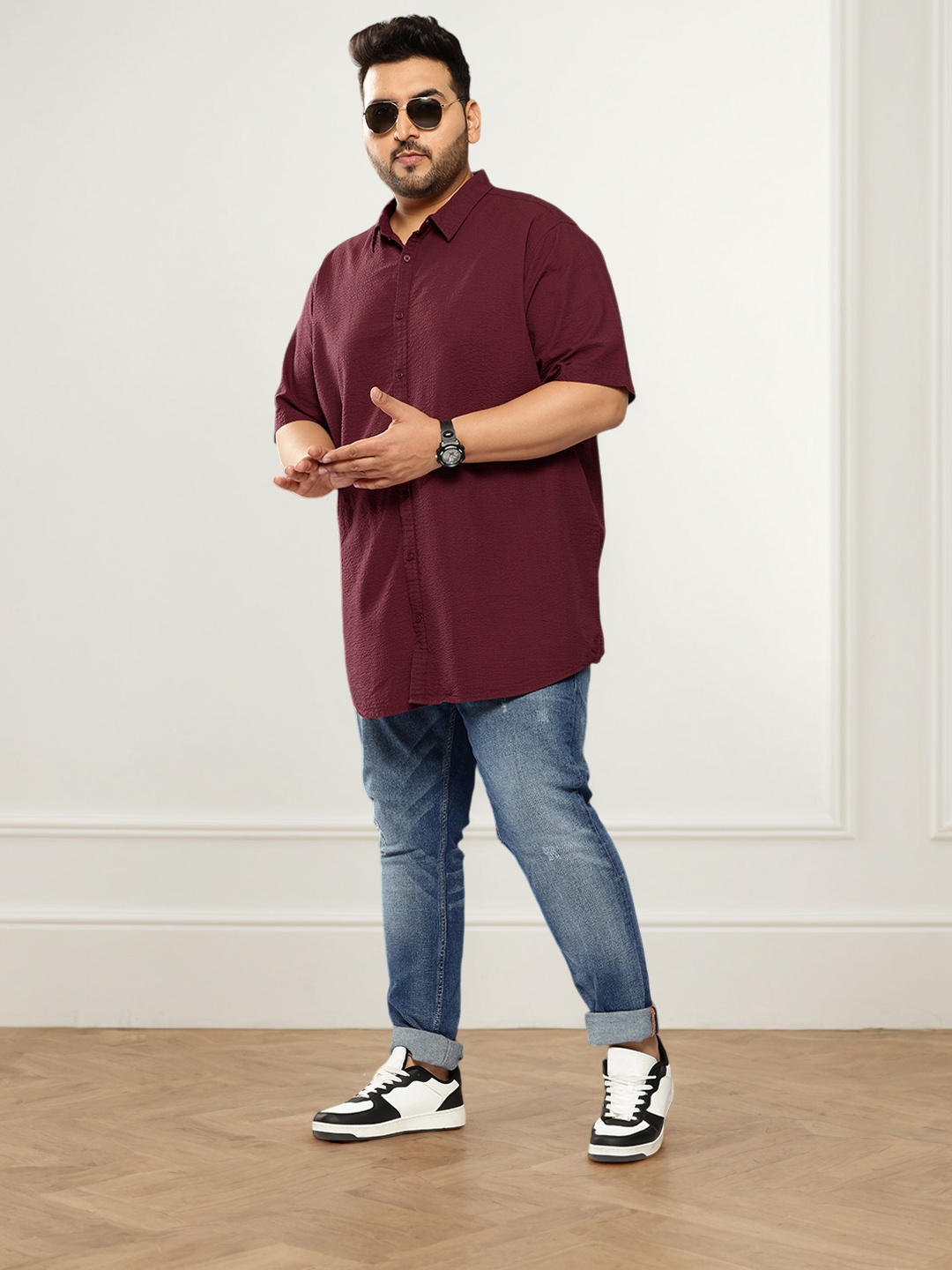 

Sztori Plus Size Seersucker Pure Cotton Shirt, Maroon